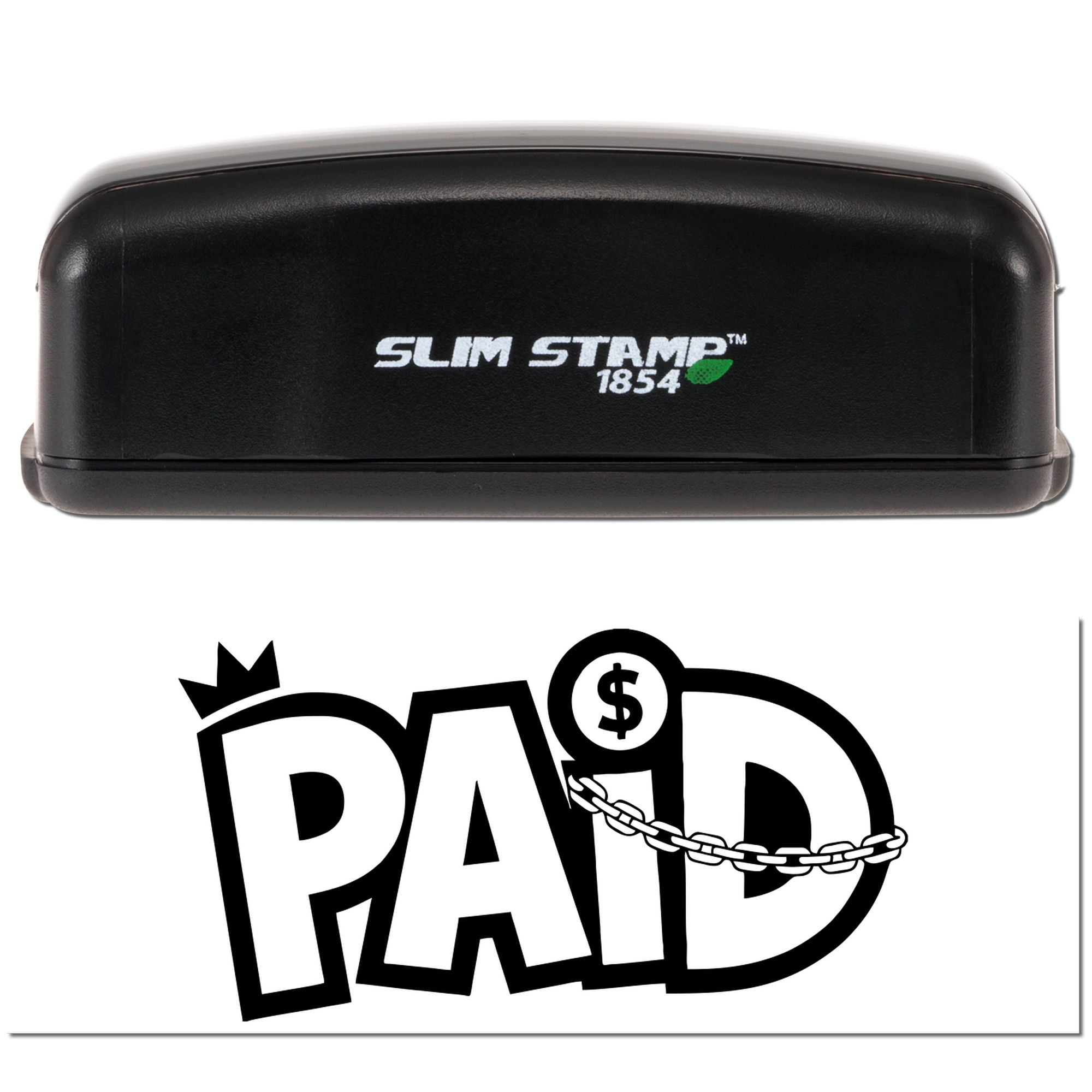 Black Slim Stamp 1854 self-inking stamp with white PAID seal graphic, dollar sign, and chain.