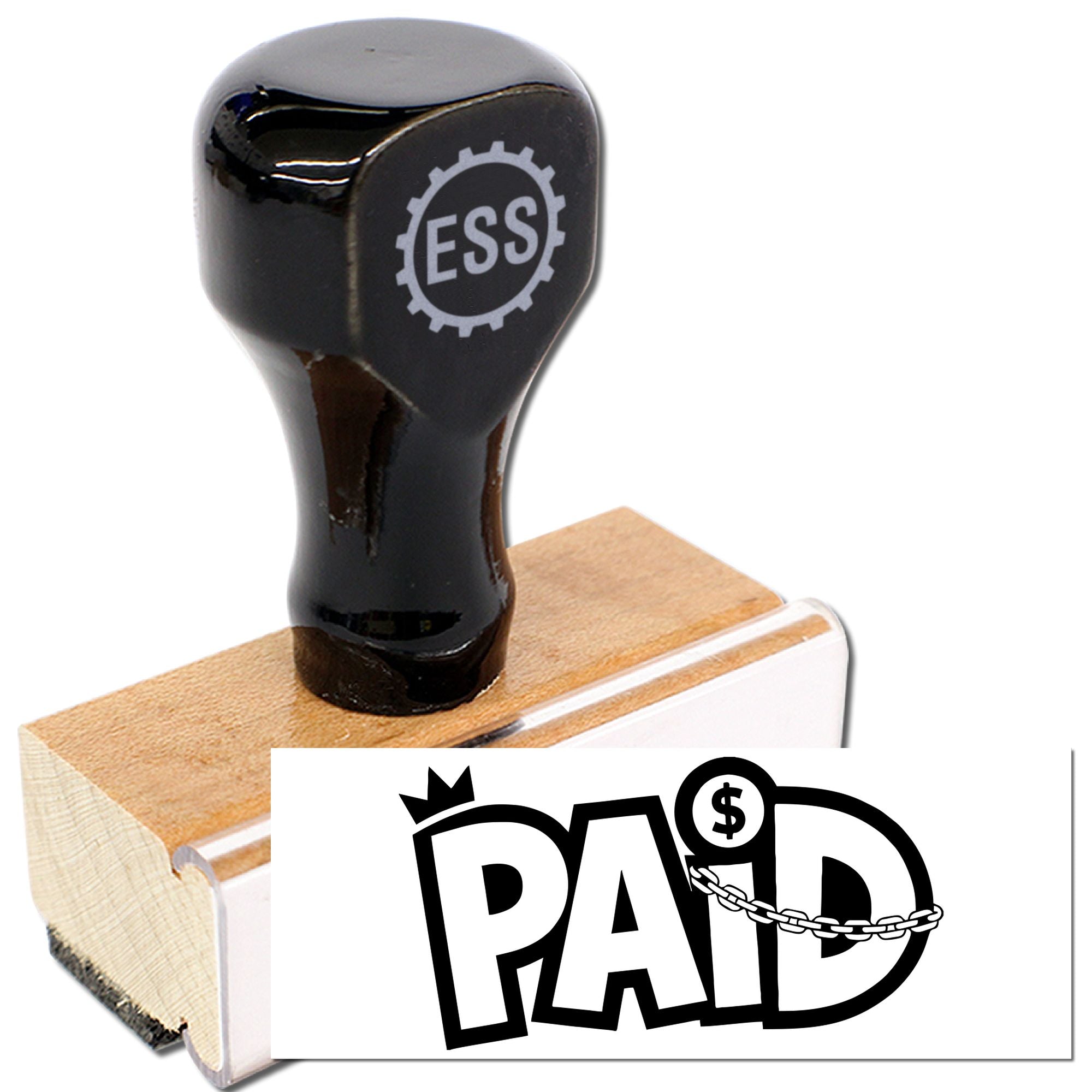 Black rubber stamp and seal with wooden handle, featuring a white PAID design on a white background