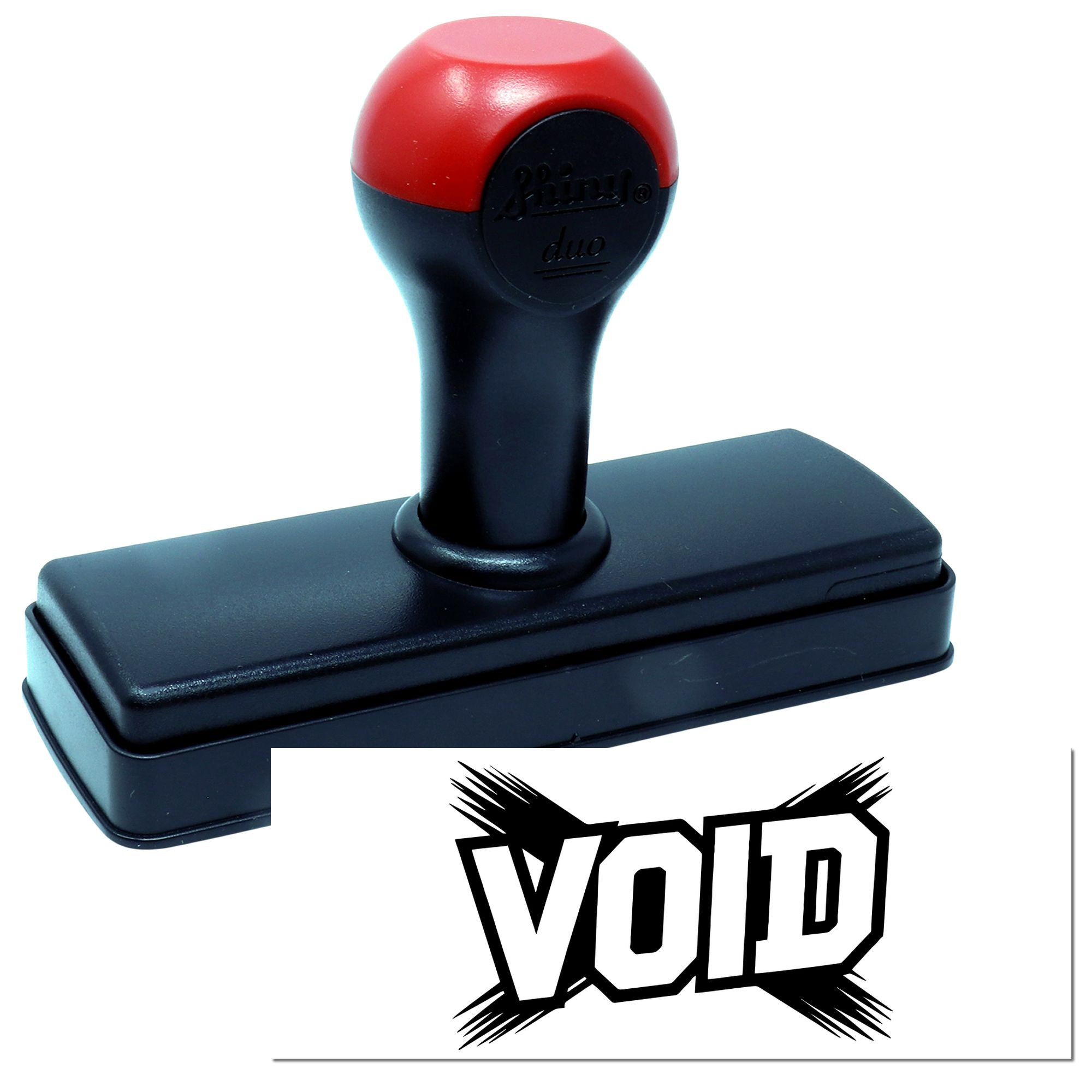 Red and black self-inking stamp and VOID seal, with bold black rectangular imprint on a white background.