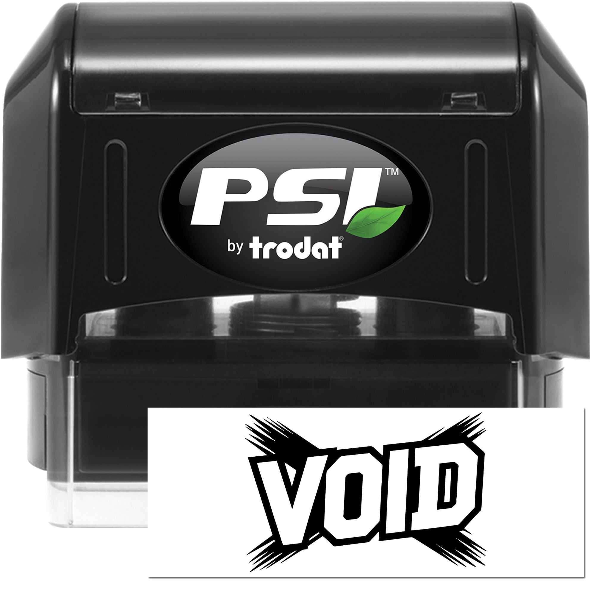 Black PSI by Trodat self-inking stamp with a VOID security seal impression on white card.