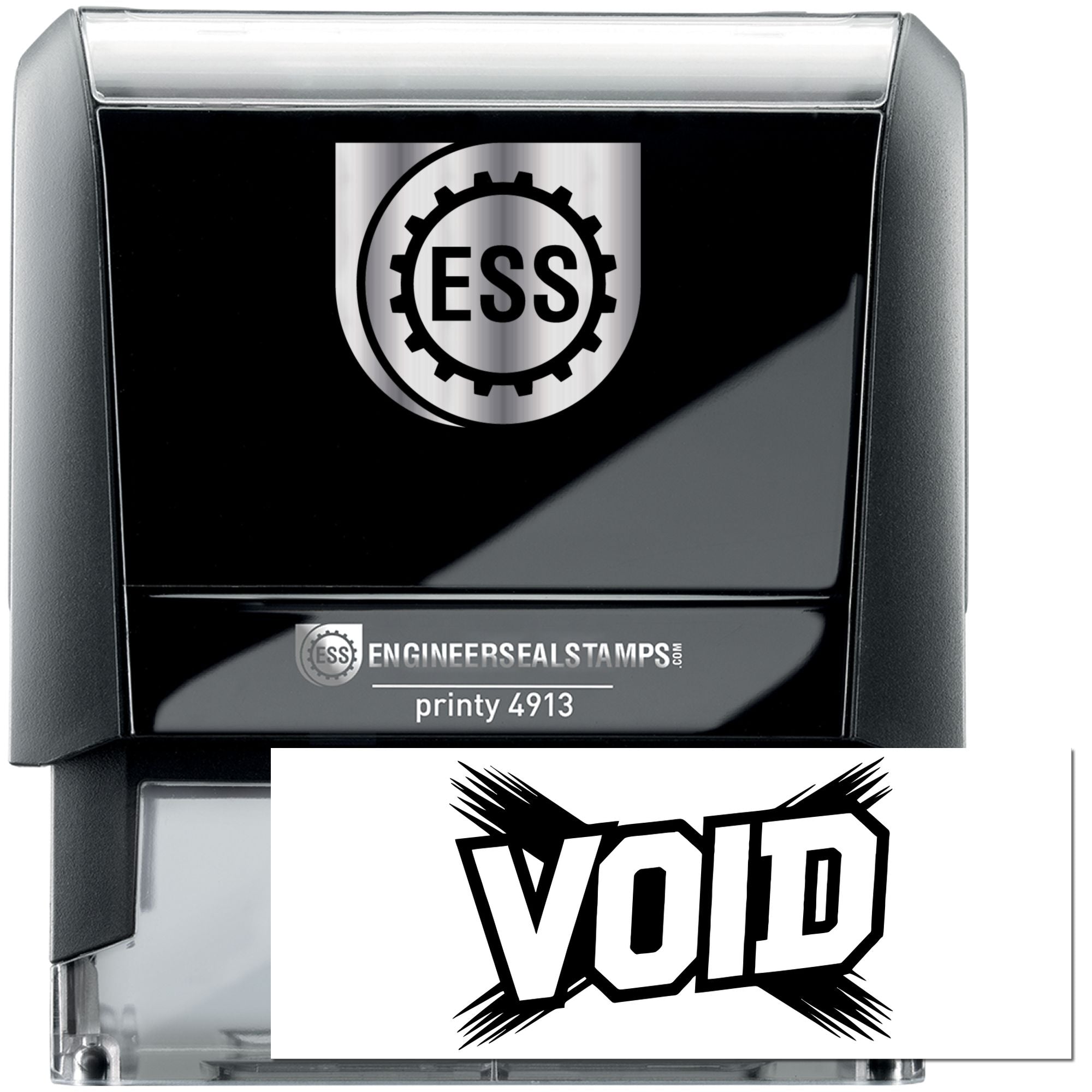 Black and gray ESS self-inking stamp with VOID seal impression and silver gear logo for engineer seal stamping