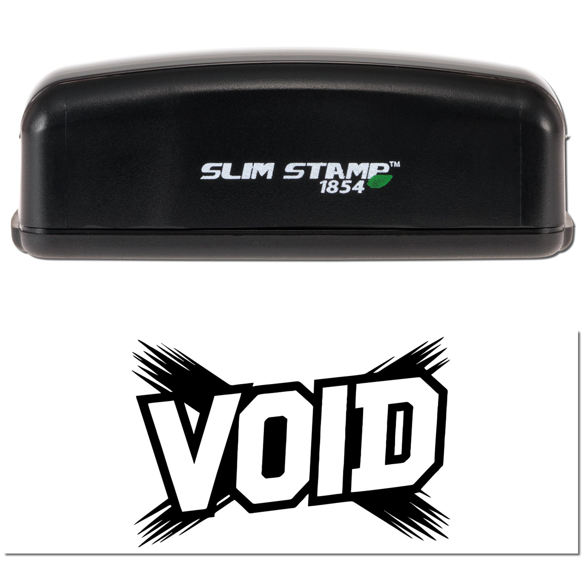 Black Slim Stamp 1854 stamp and VOID seal, with white lettering and green leaf logo on a white background.