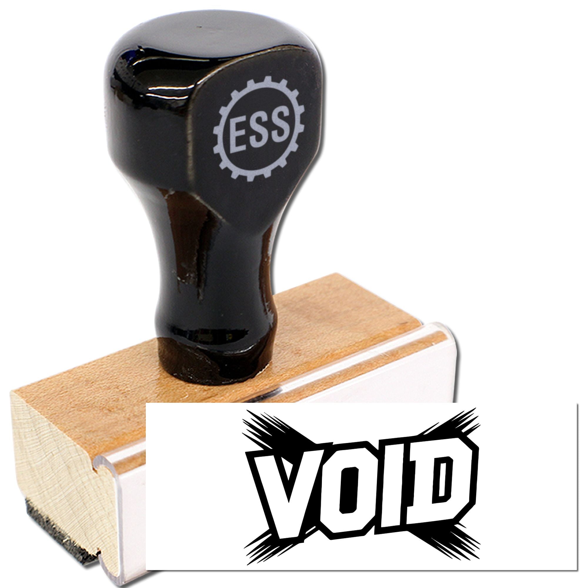 Black rubber stamp with ESS logo on a wooden base, next to a white VOTD seal impression in bold black.