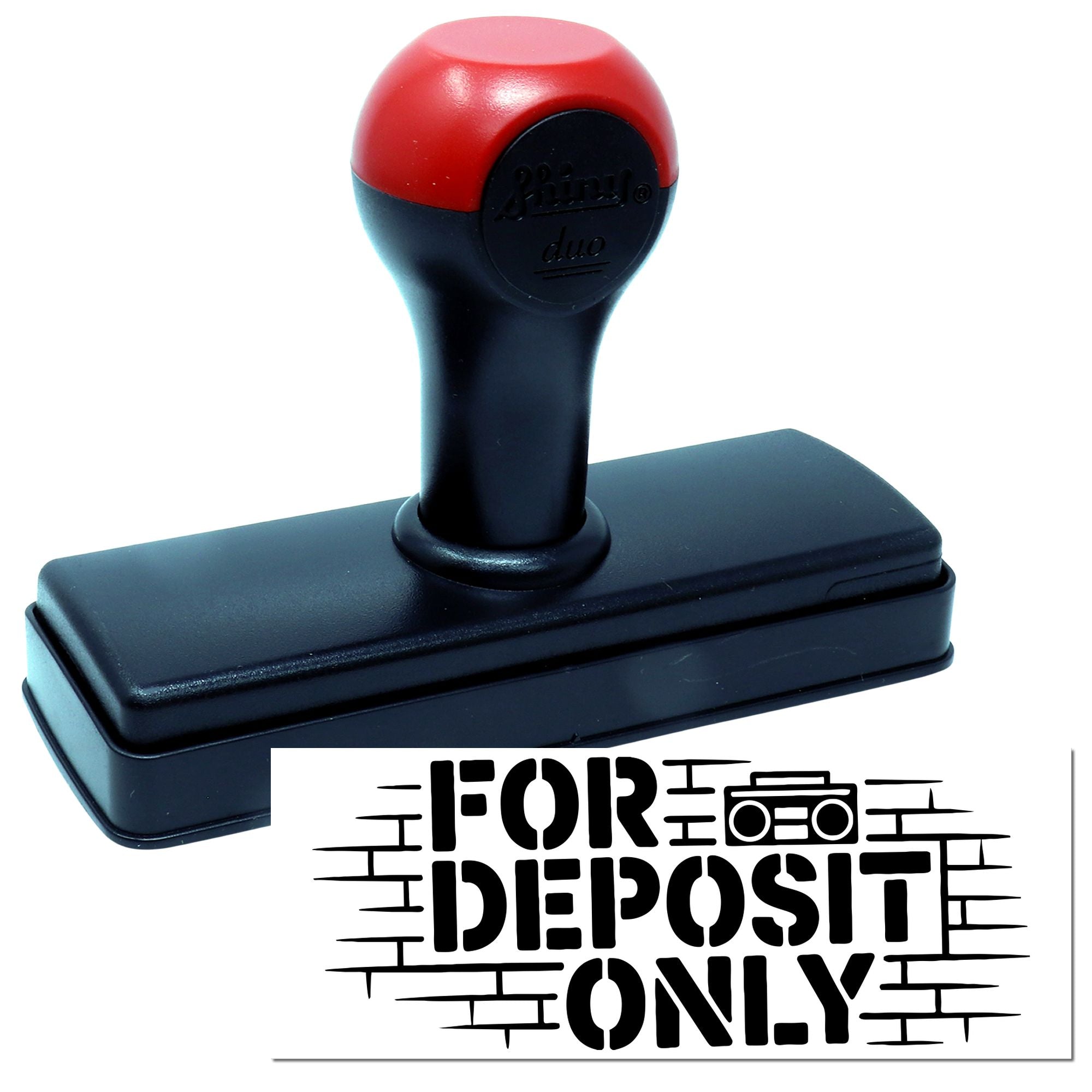 Red-and-black self-inking business stamp and seal with bold FOR DEPOSIT ONLY imprint on white background.