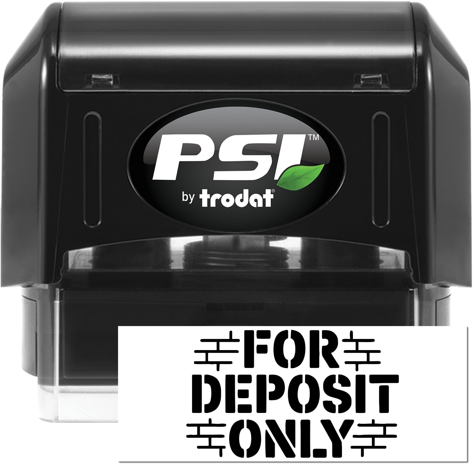 Black PSI by Trodat self-inking stamp and seal with clear FOR DEPOSIT ONLY imprint.