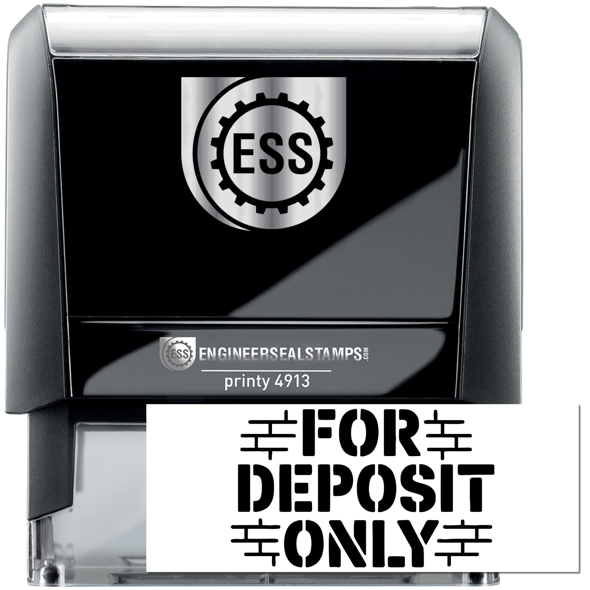 Black self-inking engineer seal stamp with silver top, ESS logo, and bold FOR DEPOSIT ONLY imprint.