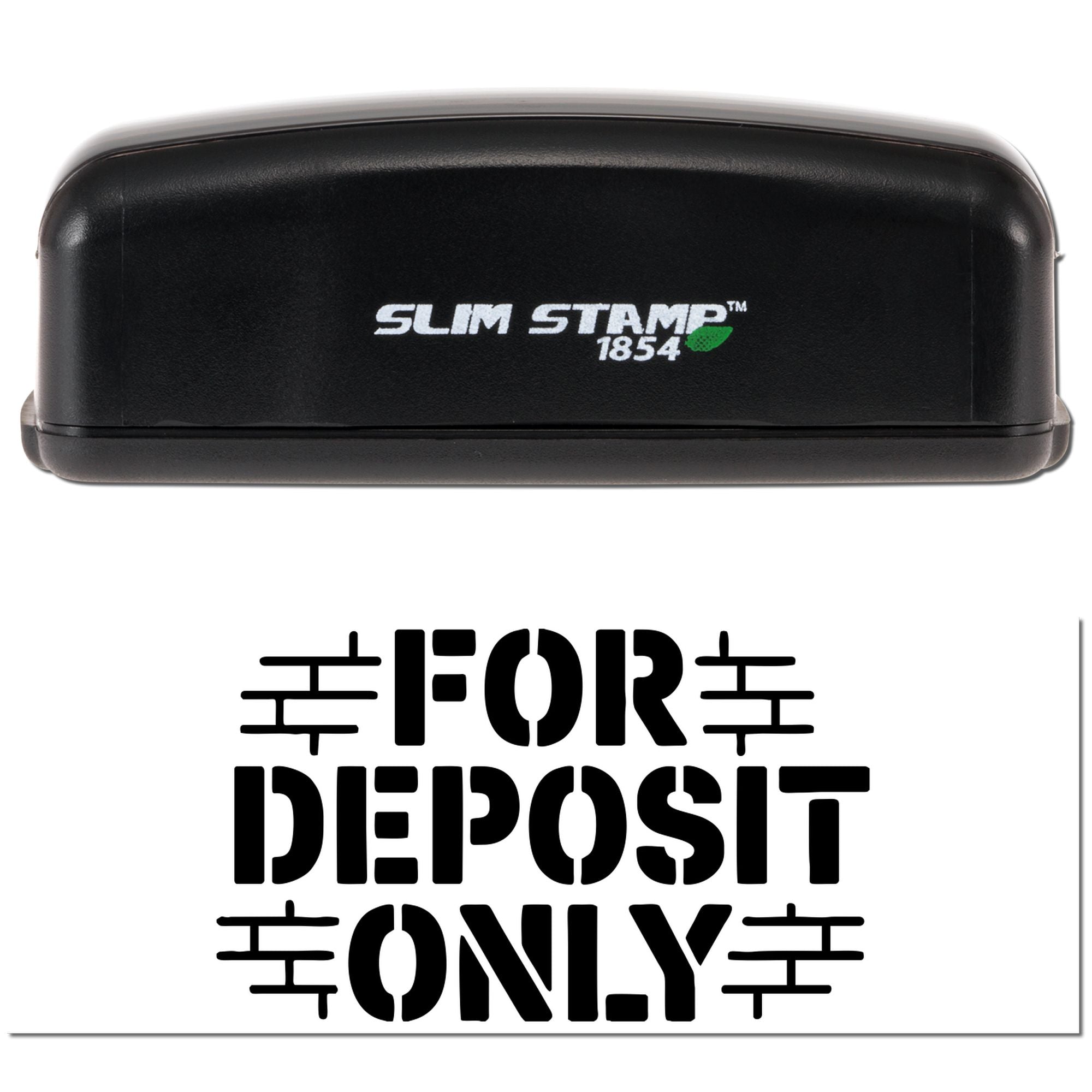 Black Slim Stamp 1854 self-inking stamp and seal with white logo, green leaf accent, and FOR DEPOSIT ONLY imprint.
