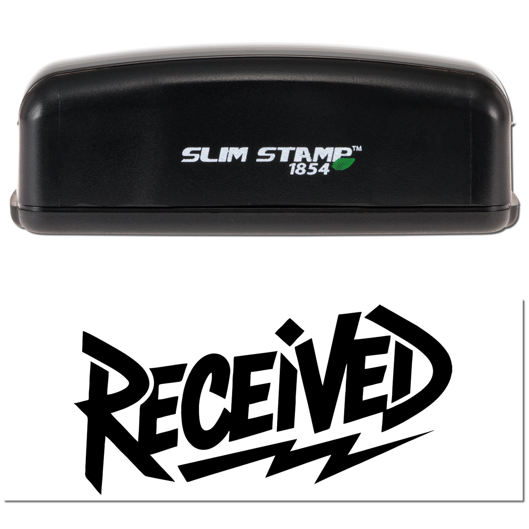 Black Slim Stamp 1854 self-inking stamp with green accent and bold black RECEIVED seal imprint.