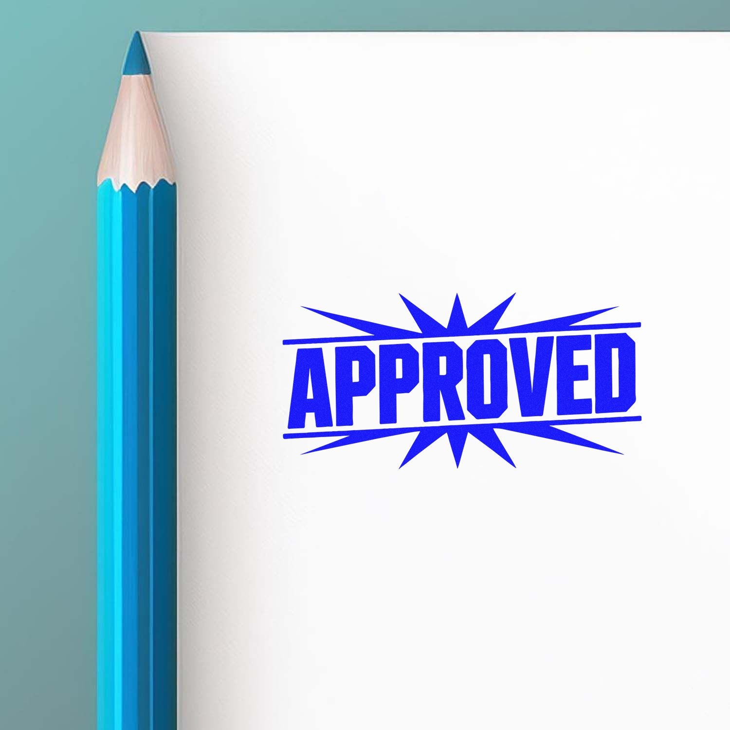 Blue APPROVED stamp seal on white paper beside a turquoise pencil against a teal background.