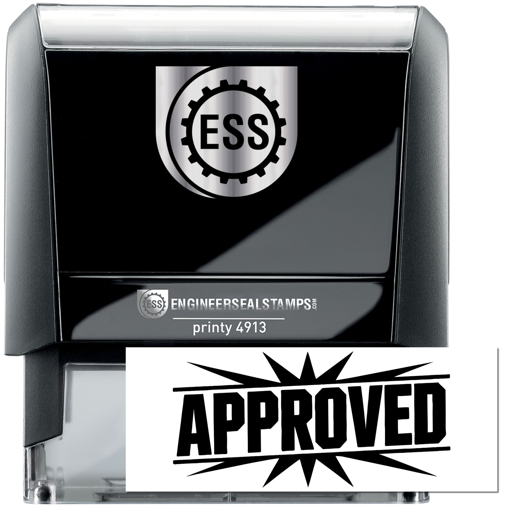 Black and silver Engineer Seal self-inking stamp with ESS logo and bold Approved seal.