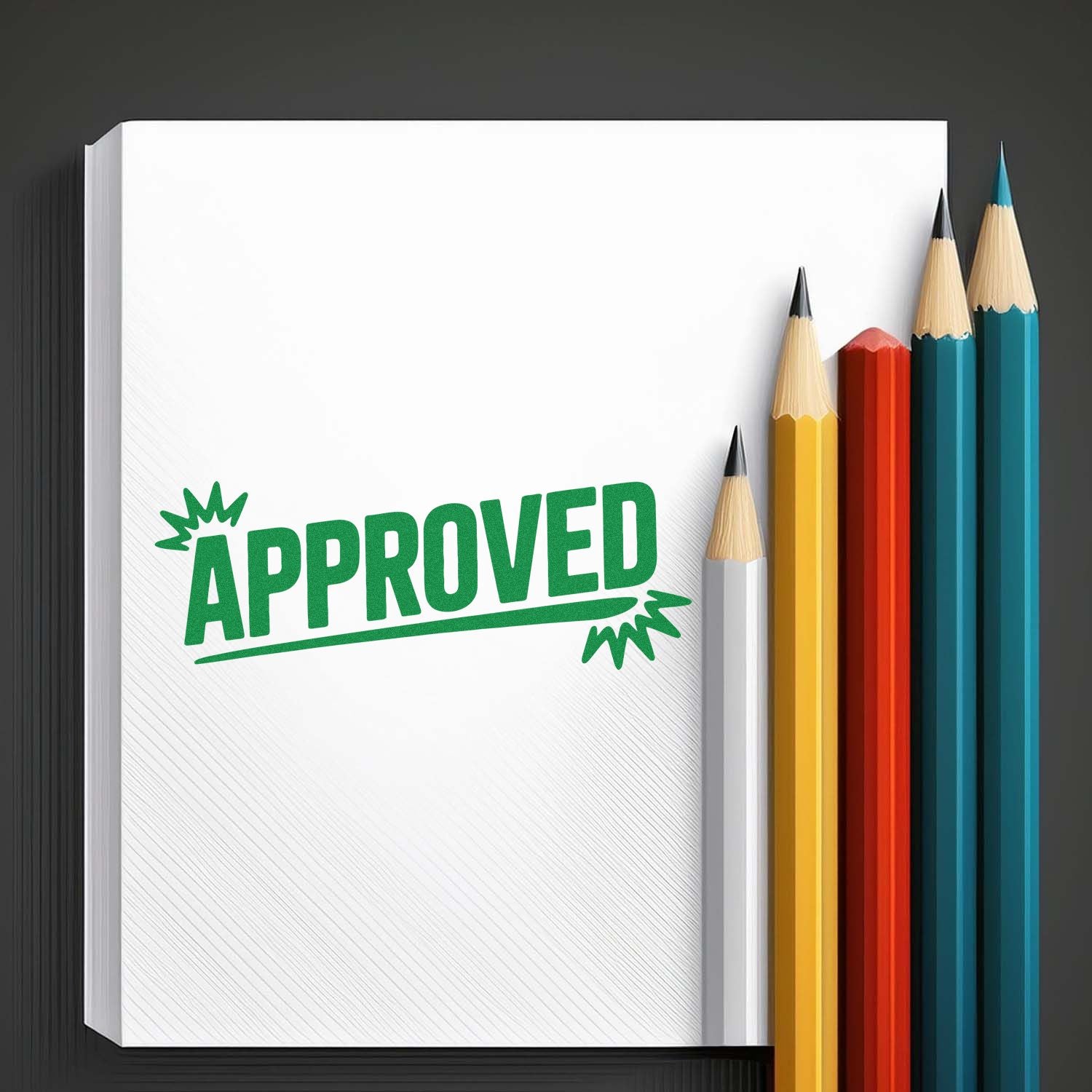 Green APPROVED stamp on white paper beside colorful pencils, highlighting stamp and seal products.