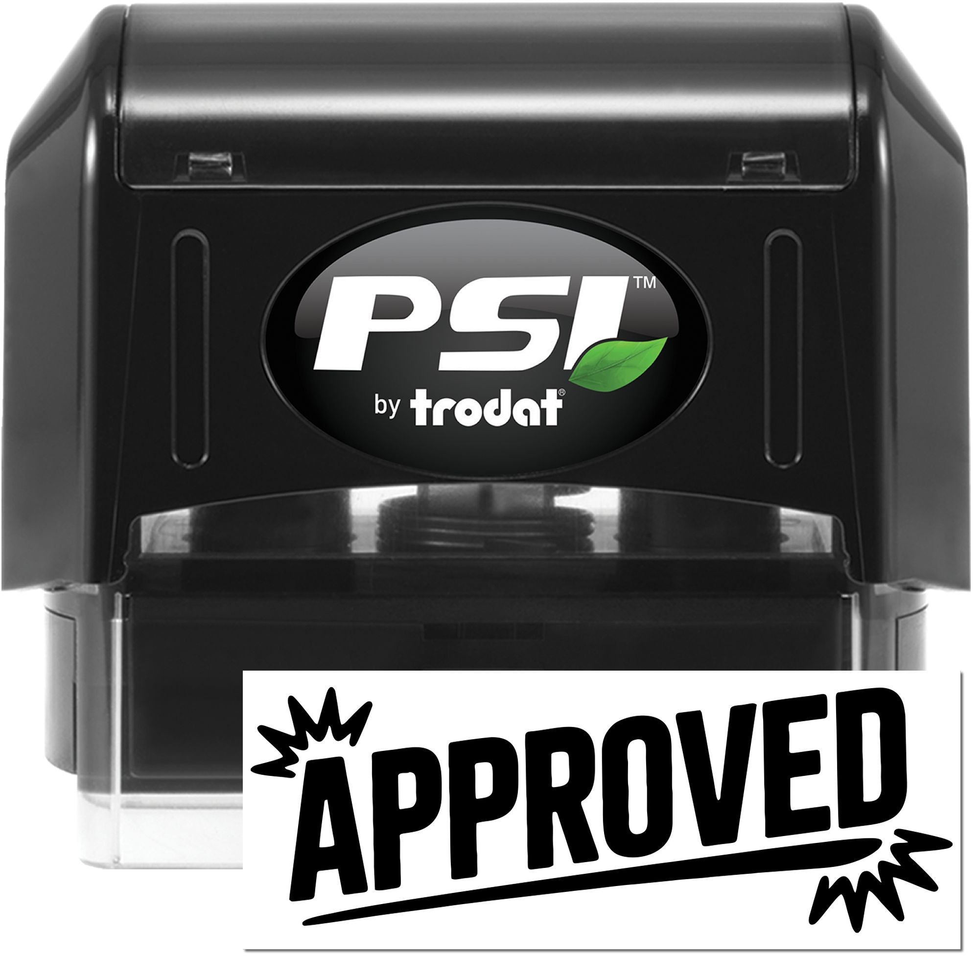 Black PSI by trodat self-inking stamp with green leaf logo and bold Approved seal.