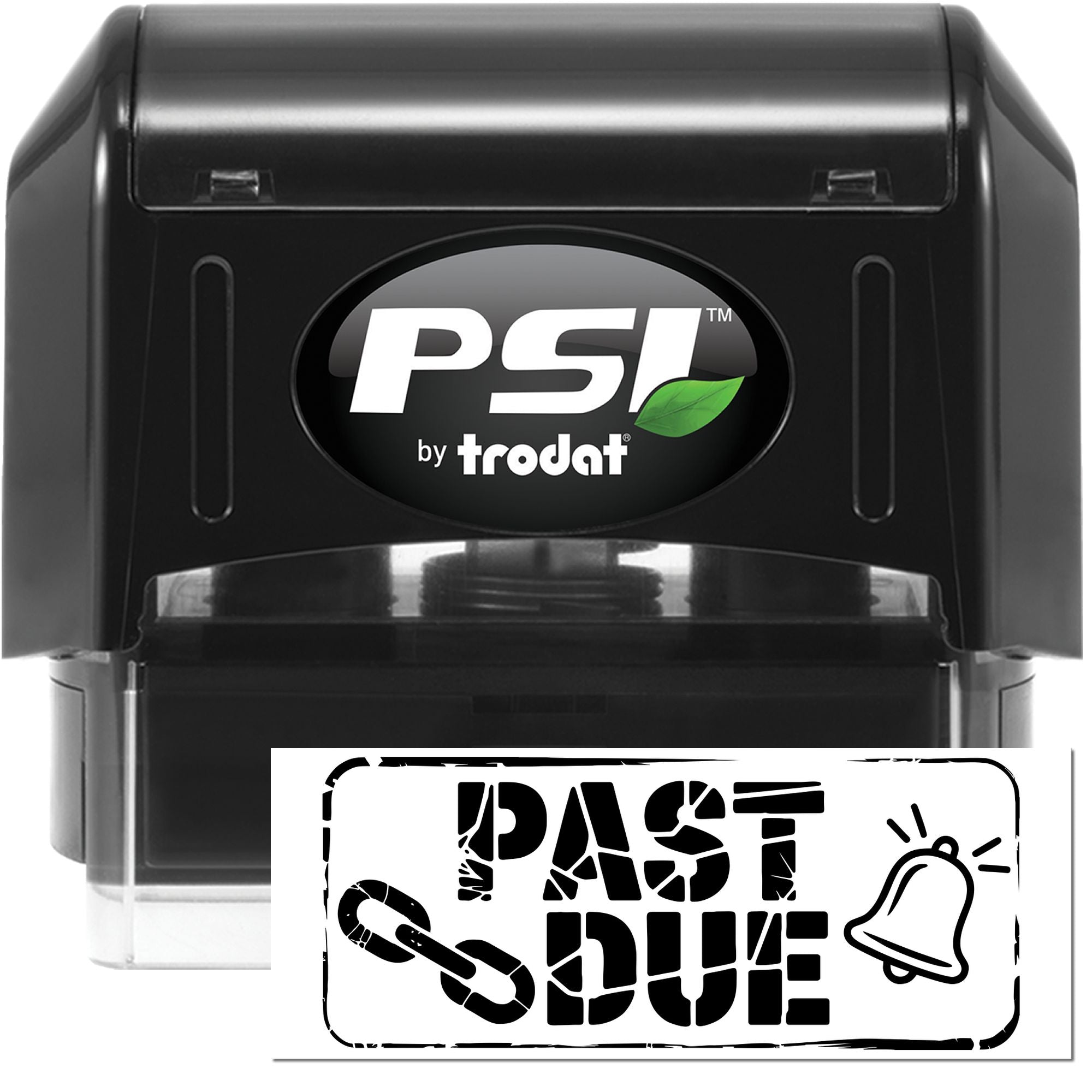 Black PSI by Trodat self-inking stamp and seal with green leaf logo and PAST DUE imprint