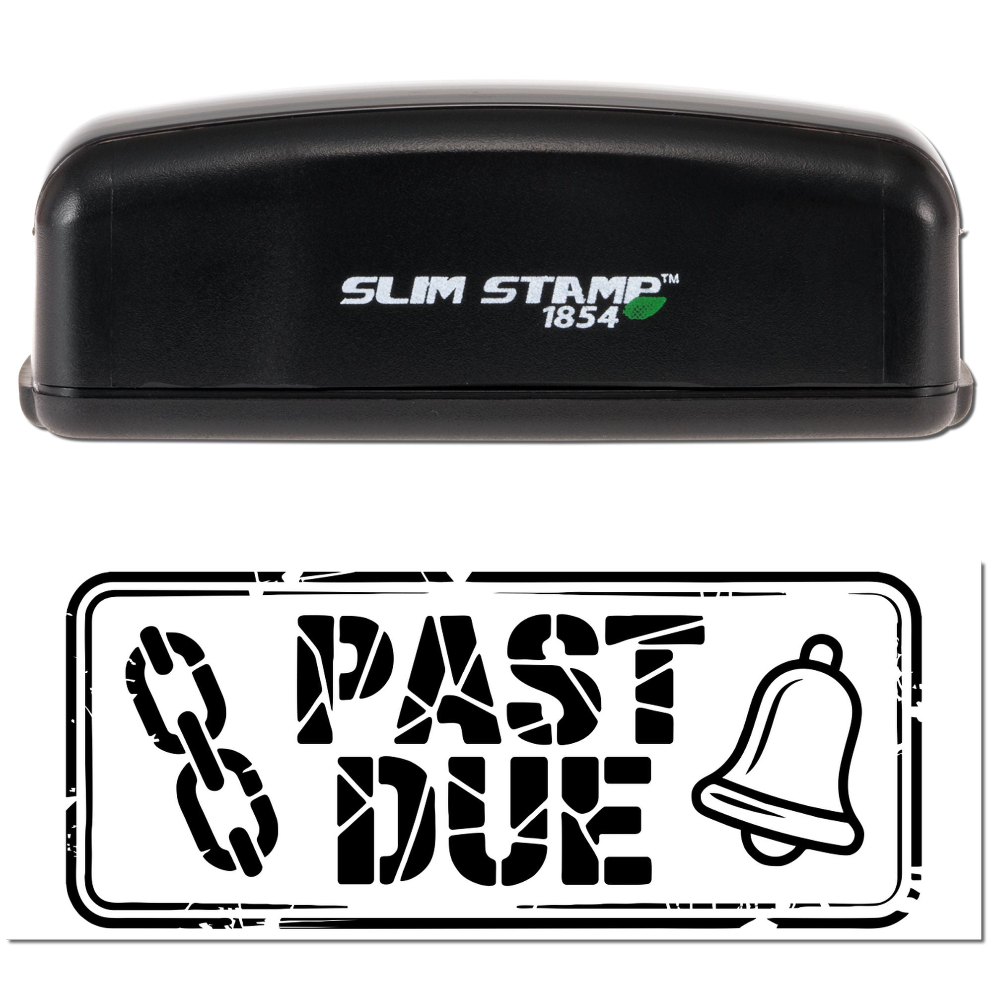 Black Slim Stamp 1854 self-inking stamp with white seal graphic featuring chain and bell icons
