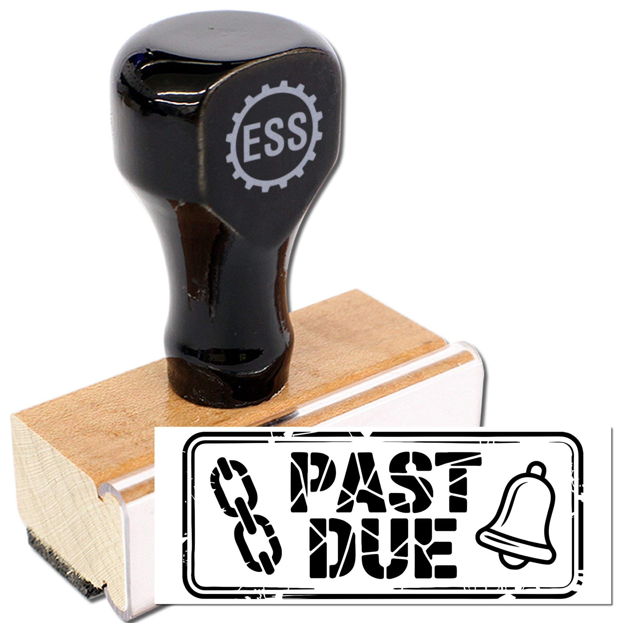 Black rubber stamp and wooden seal with PAST DUE text and bell icon on a white background.