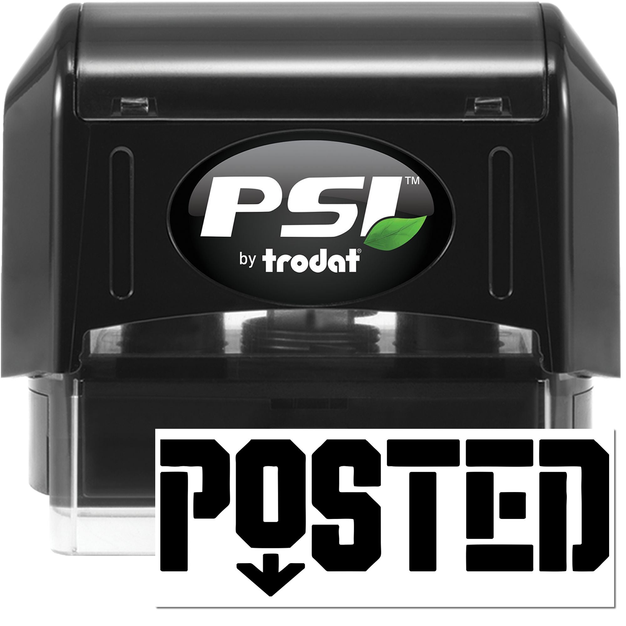 Black PSI by trodat self-inking stamp with clear POSTED seal impression and green leaf logo