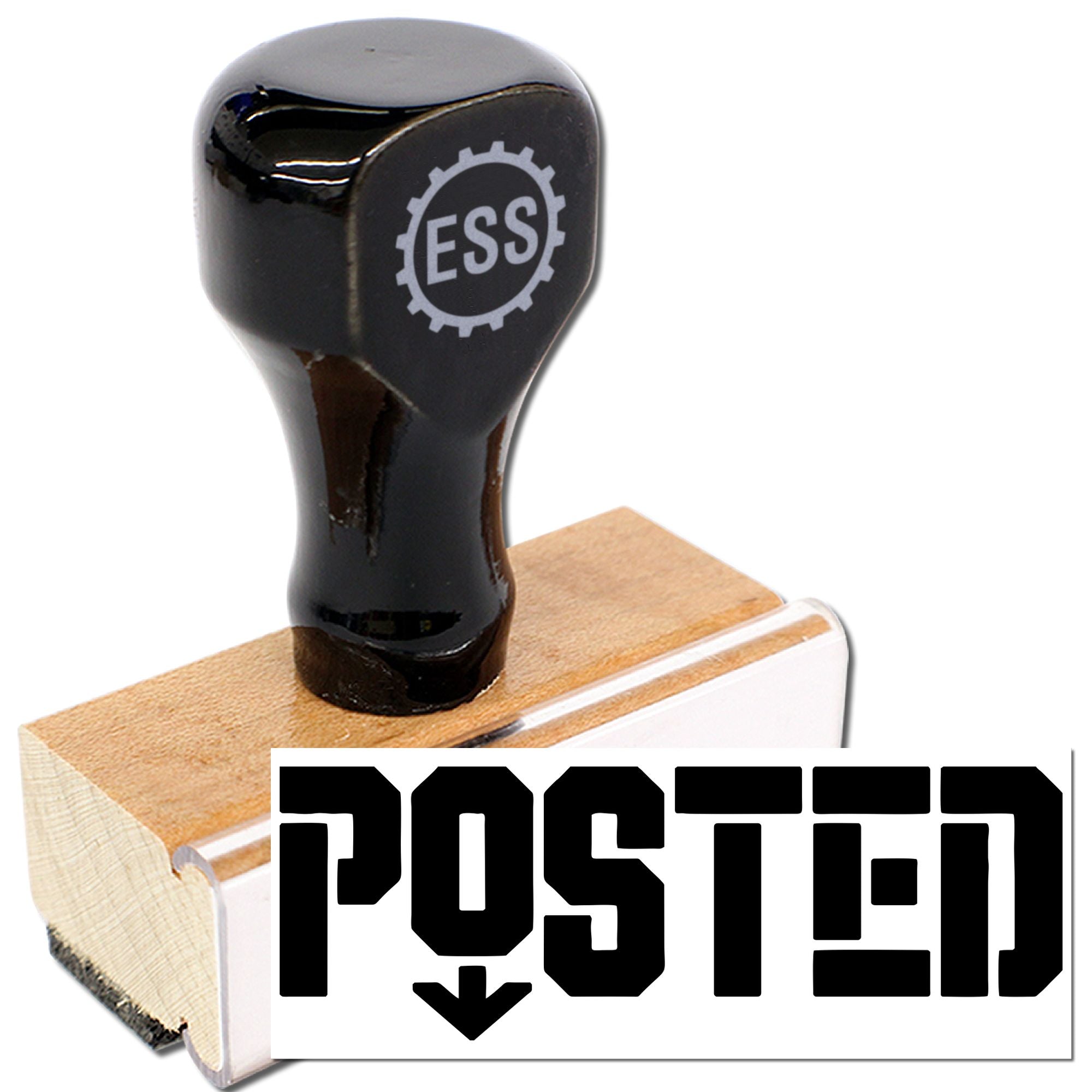 Black ESS rubber stamp and wooden seal block with bold POSTED imprint on white background