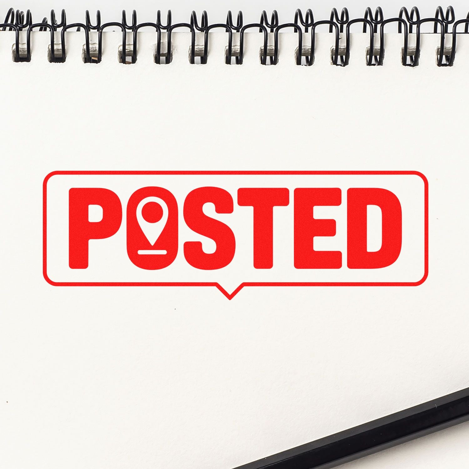 Red POSTED stamp seal in a speech bubble on a white spiral notebook page.