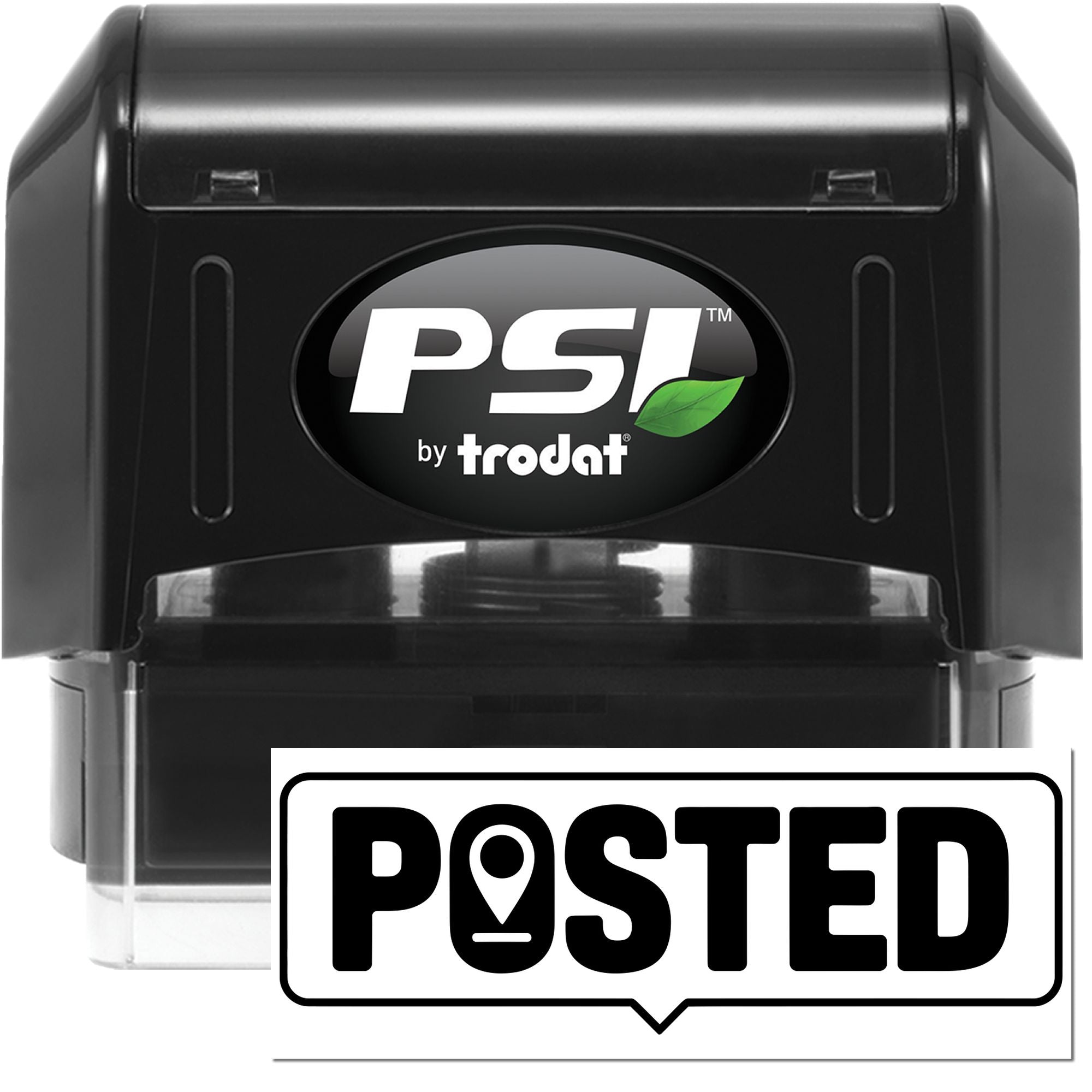 Black PSI by trodat self-inking stamp with white POSTED seal graphic and bold lettering.