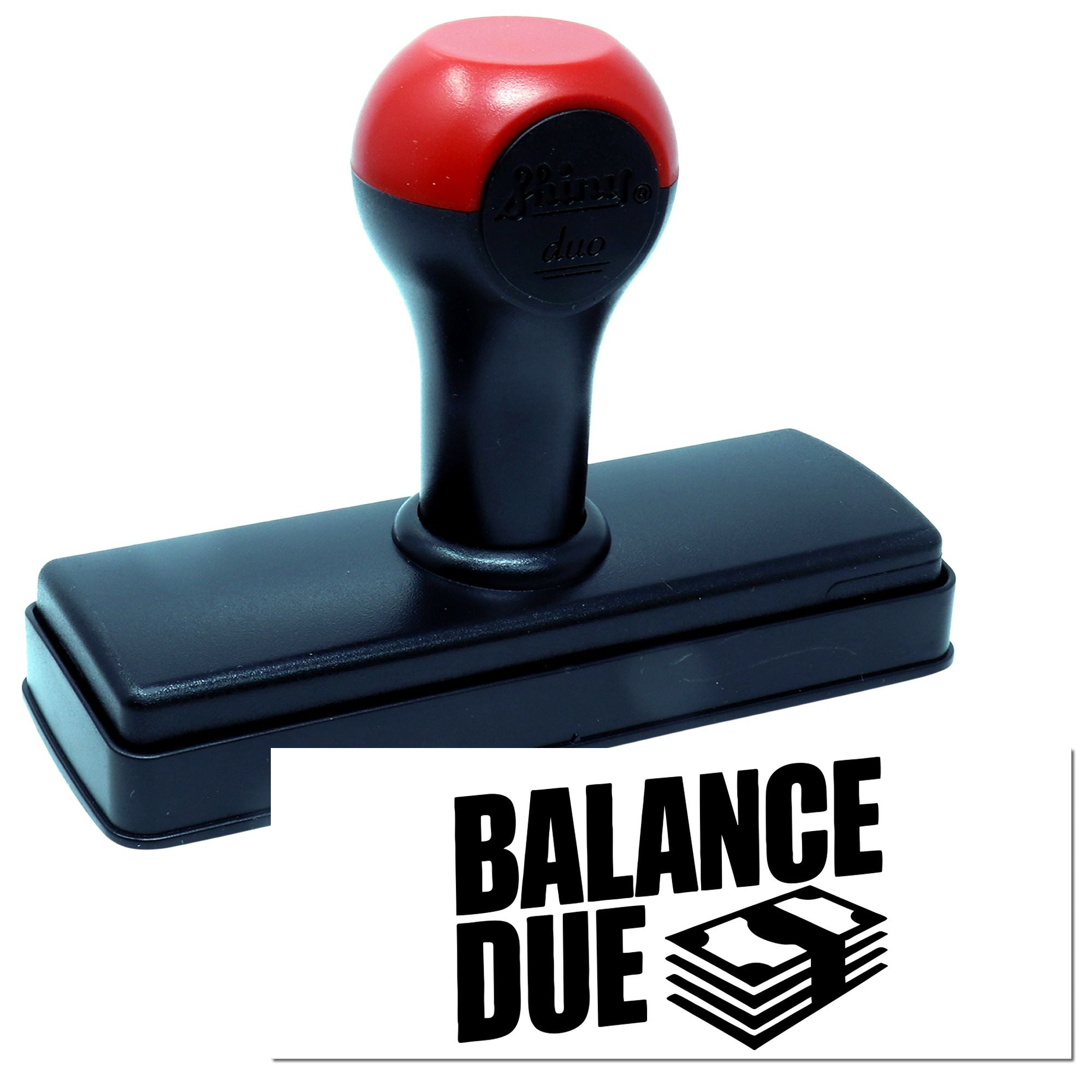 Red and black self-inking stamp and seal with bold BALANCE DUE imprint on white background.