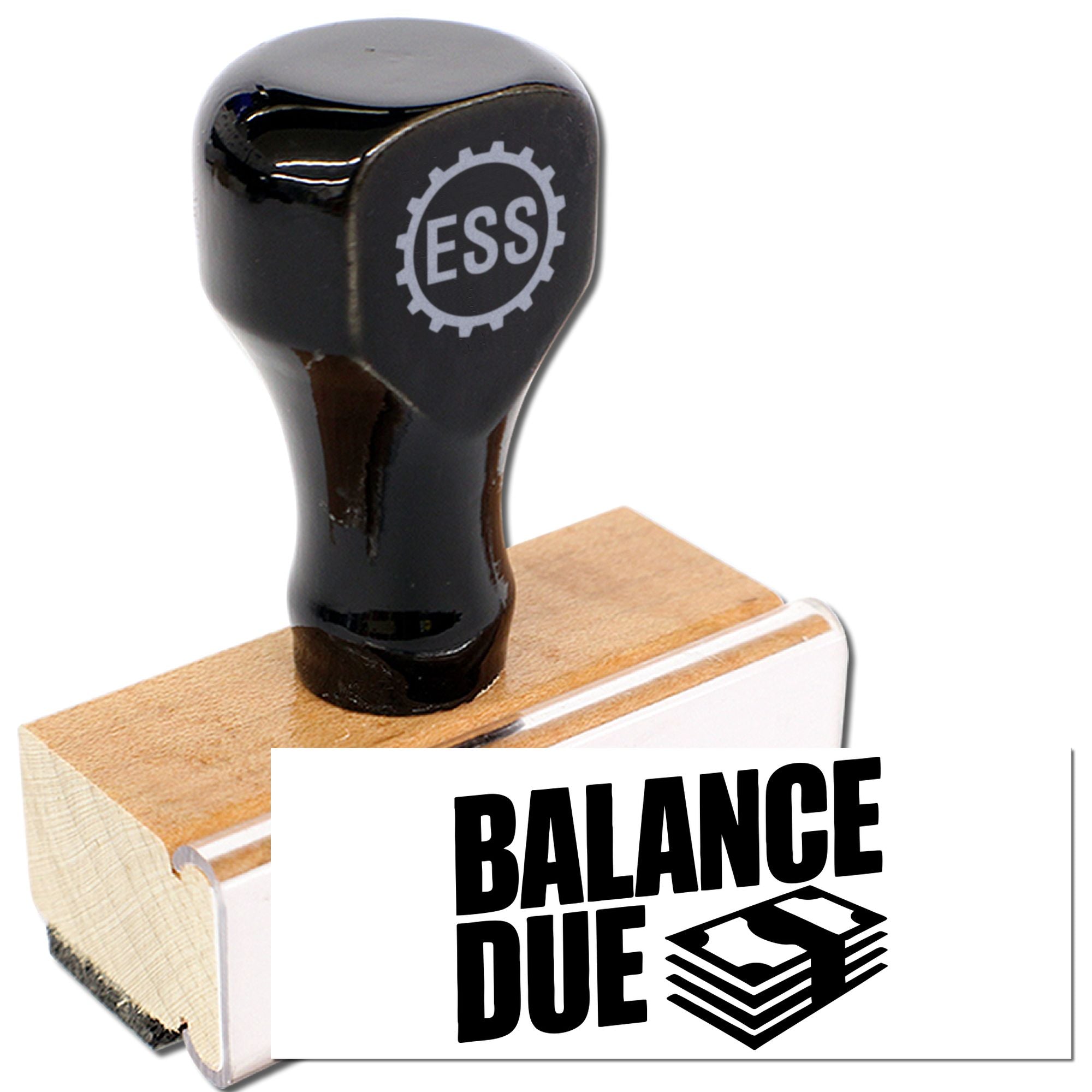 Black ESS stamp and seal on wooden block beside BALANCE DUE imprint card