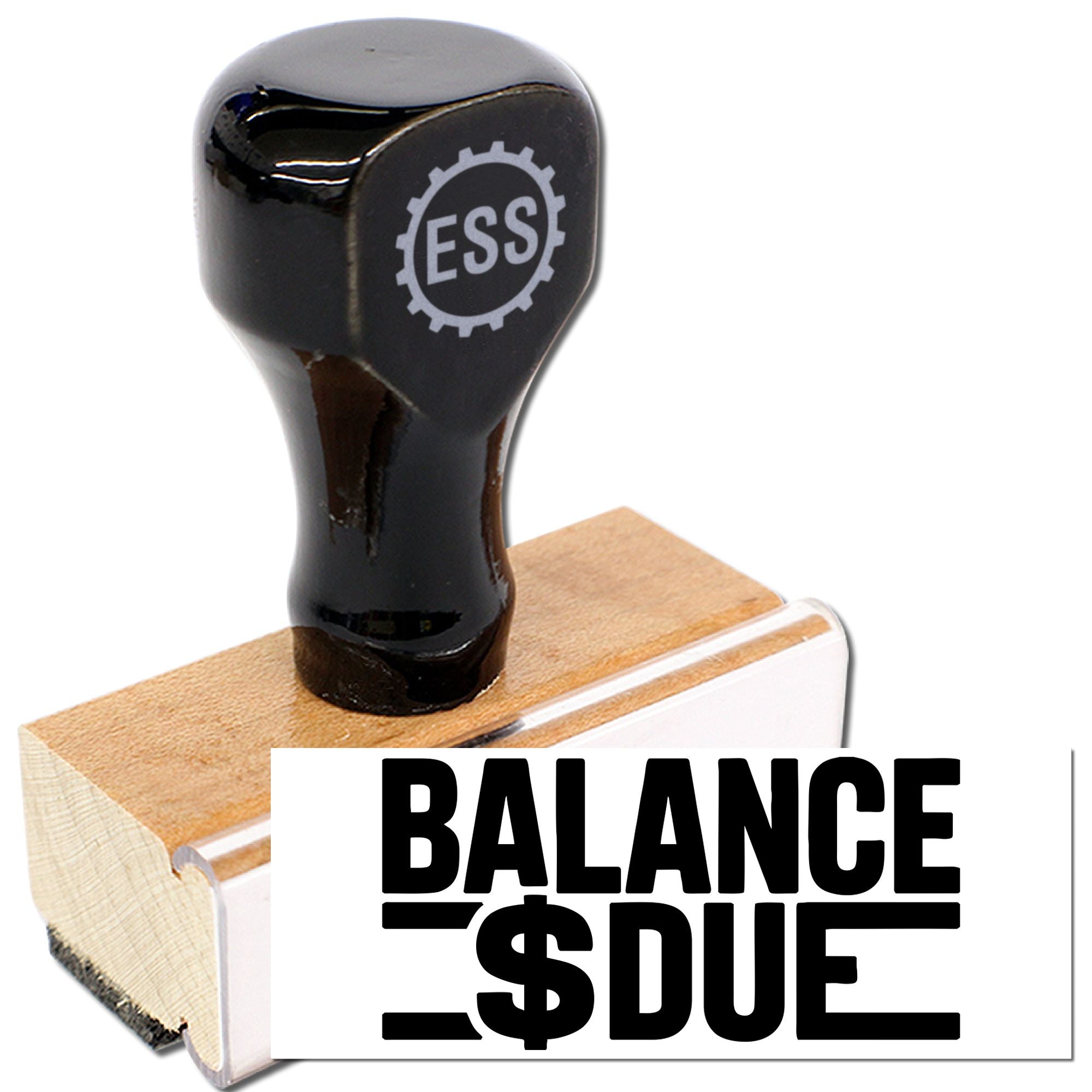 Black self-inking balance due seal stamp with wooden block, white base, and bold black lettering.