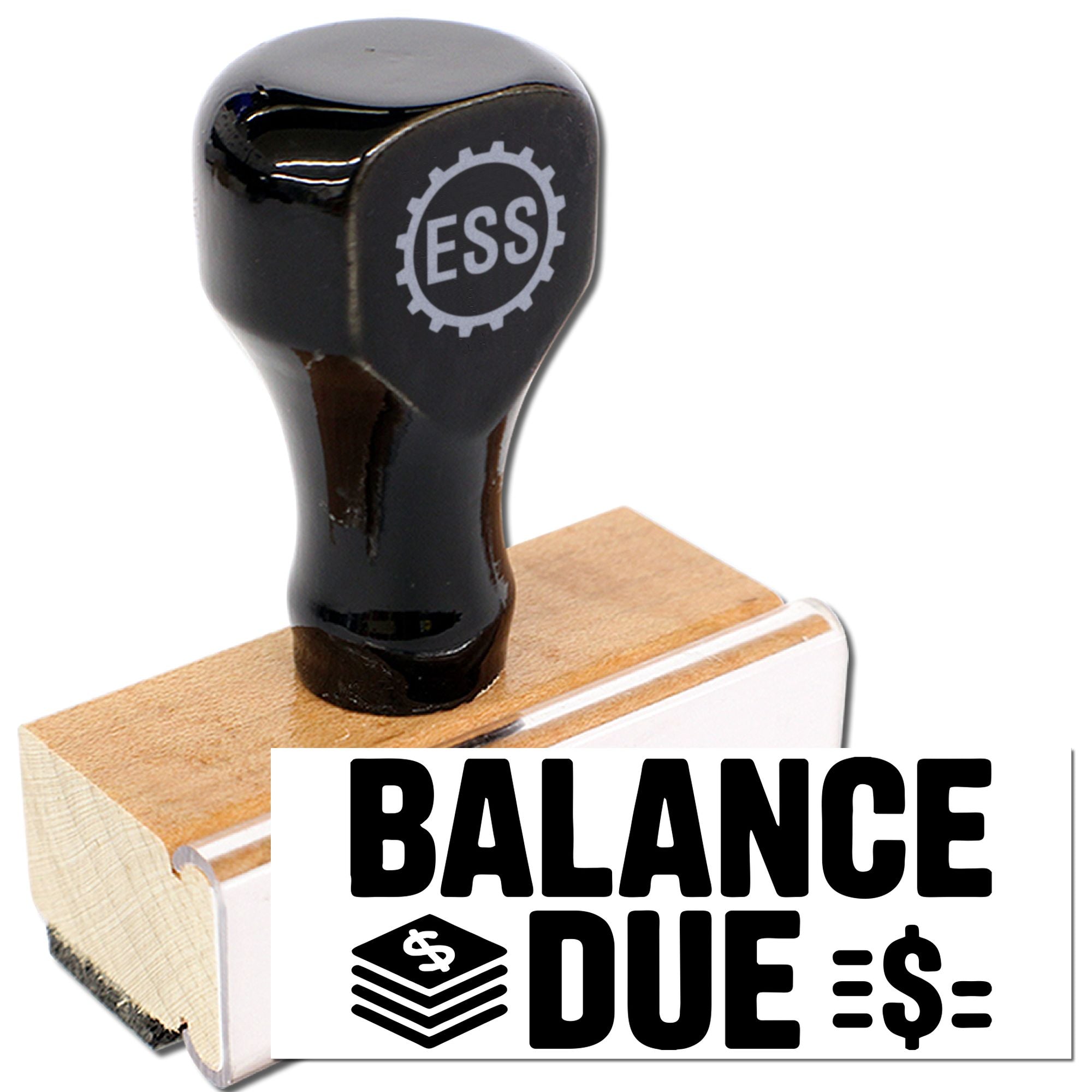Black rubber balance due stamp and seal with ESS logo on a wooden base, shown against a white background.