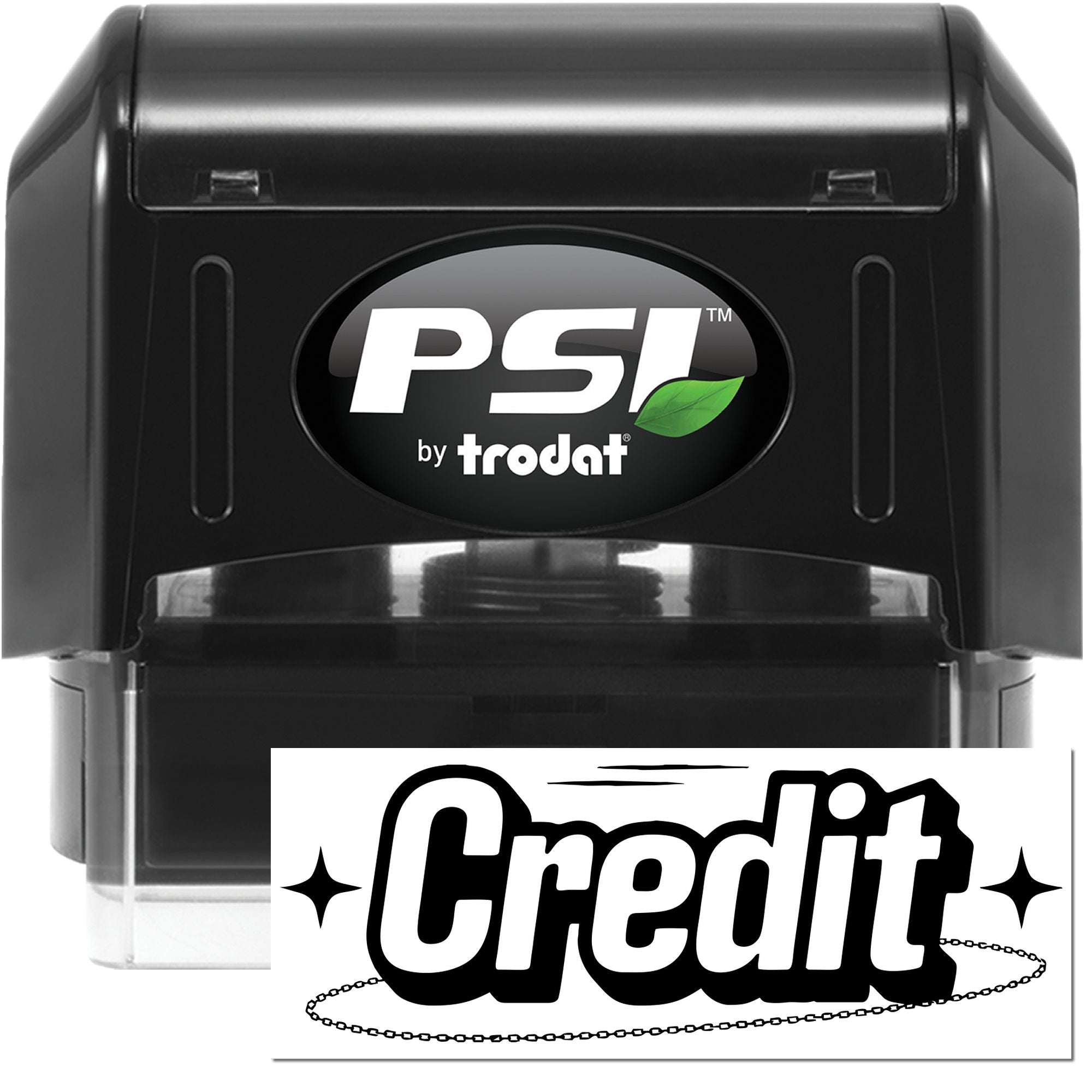 Black PSI by Trodat self-inking stamp and seal with green leaf logo and clear base display.