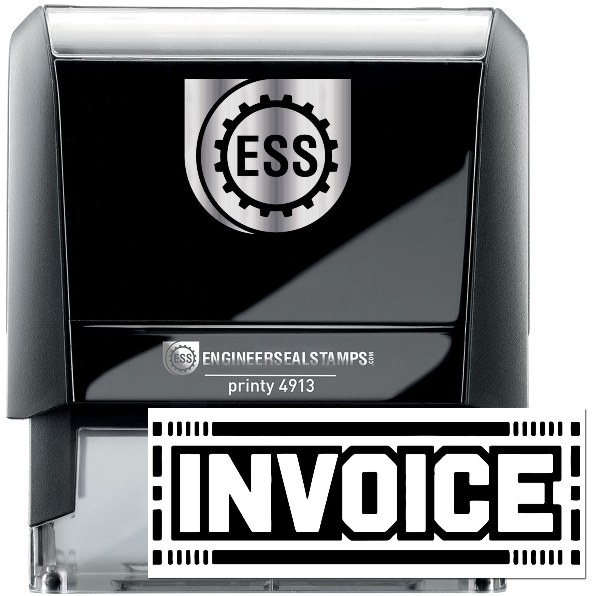 Black self-inking ESS stamp and seal with silver logo and bold INVOICE imprint on clear mount.