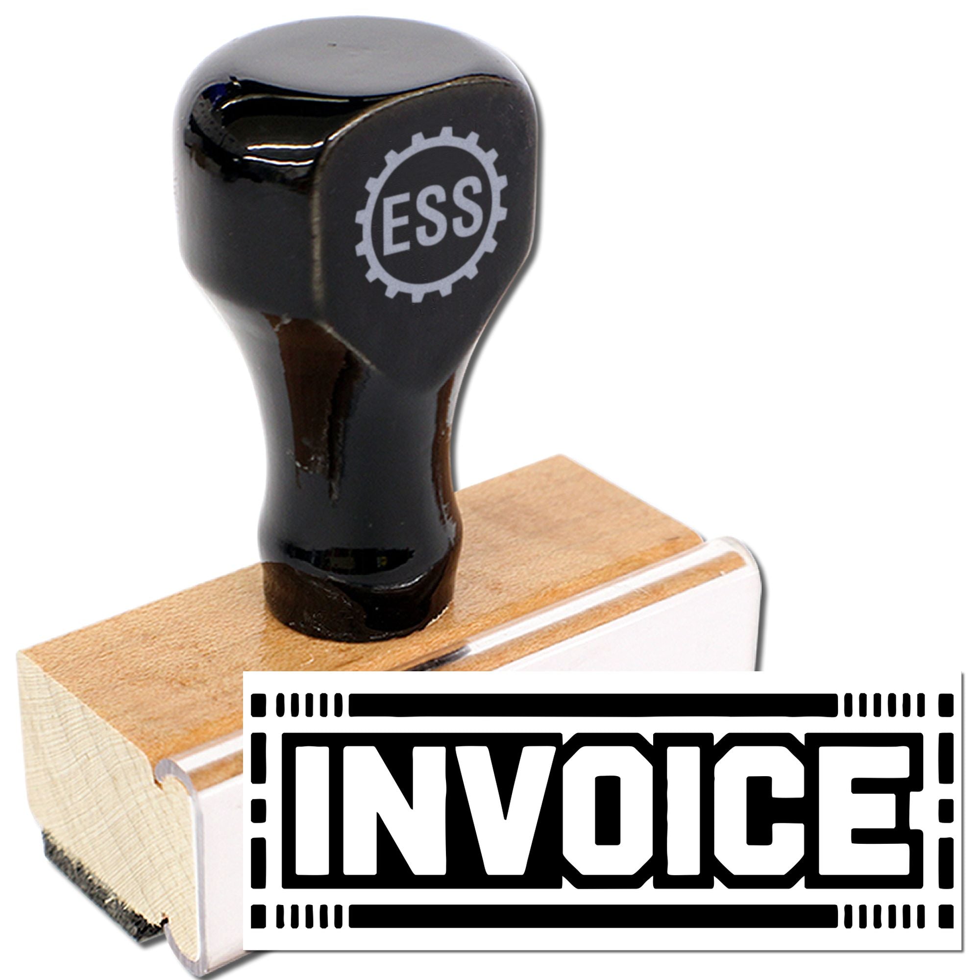 Custom black rubber stamp with ESS logo, wooden handle, and bold INVOICE seal impression.