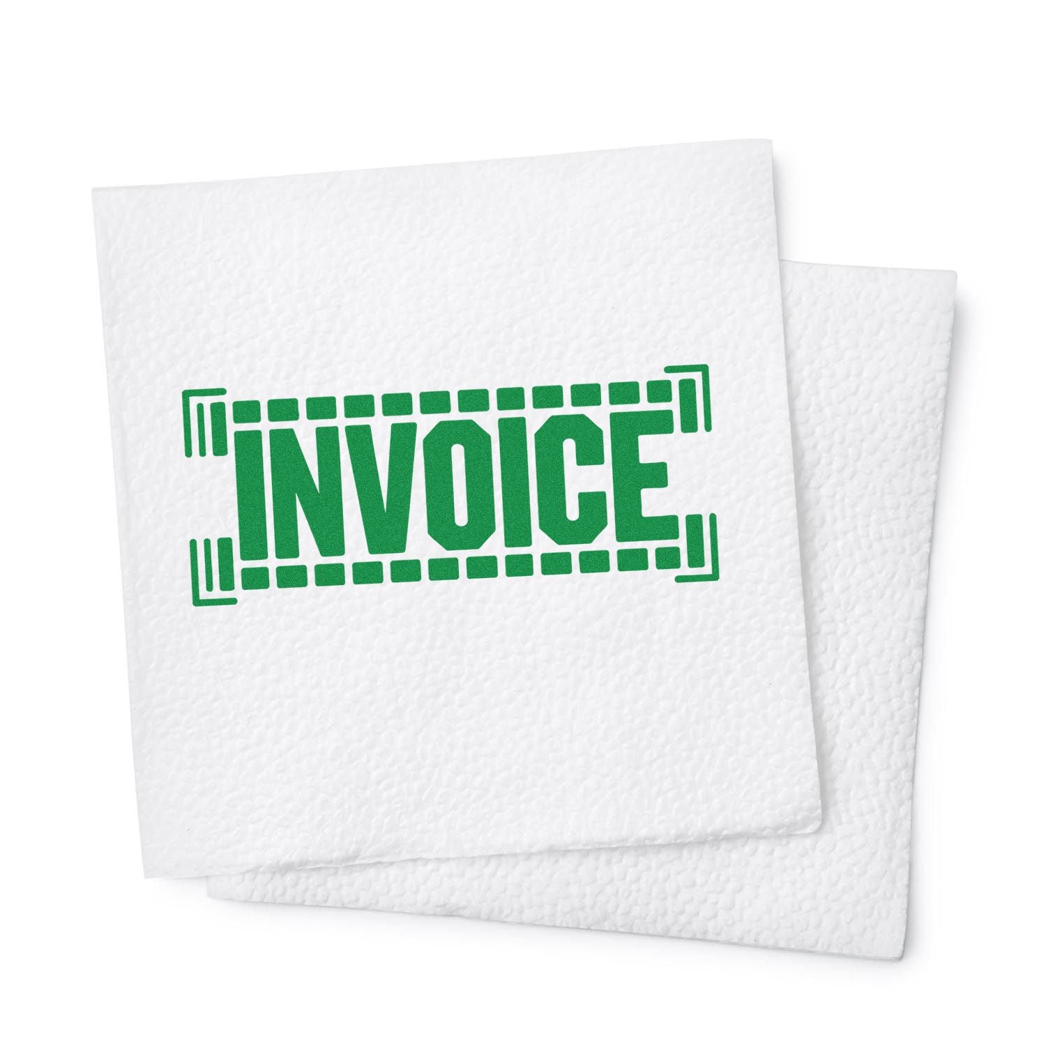 Green INVOICE rubber stamp seal on white textured paper, layered sheets in a clean product mockup.