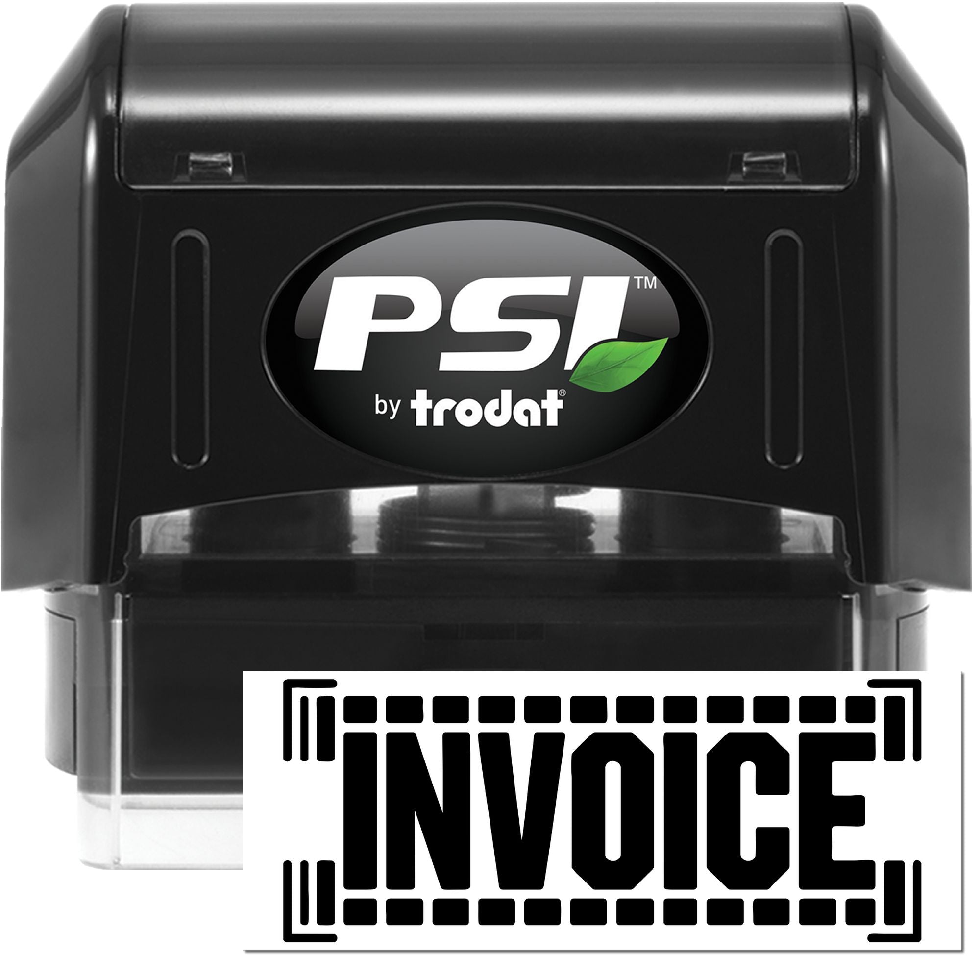 Black PSI by trodat self-inking stamp with invoice seal, clear case, and white logo on black body