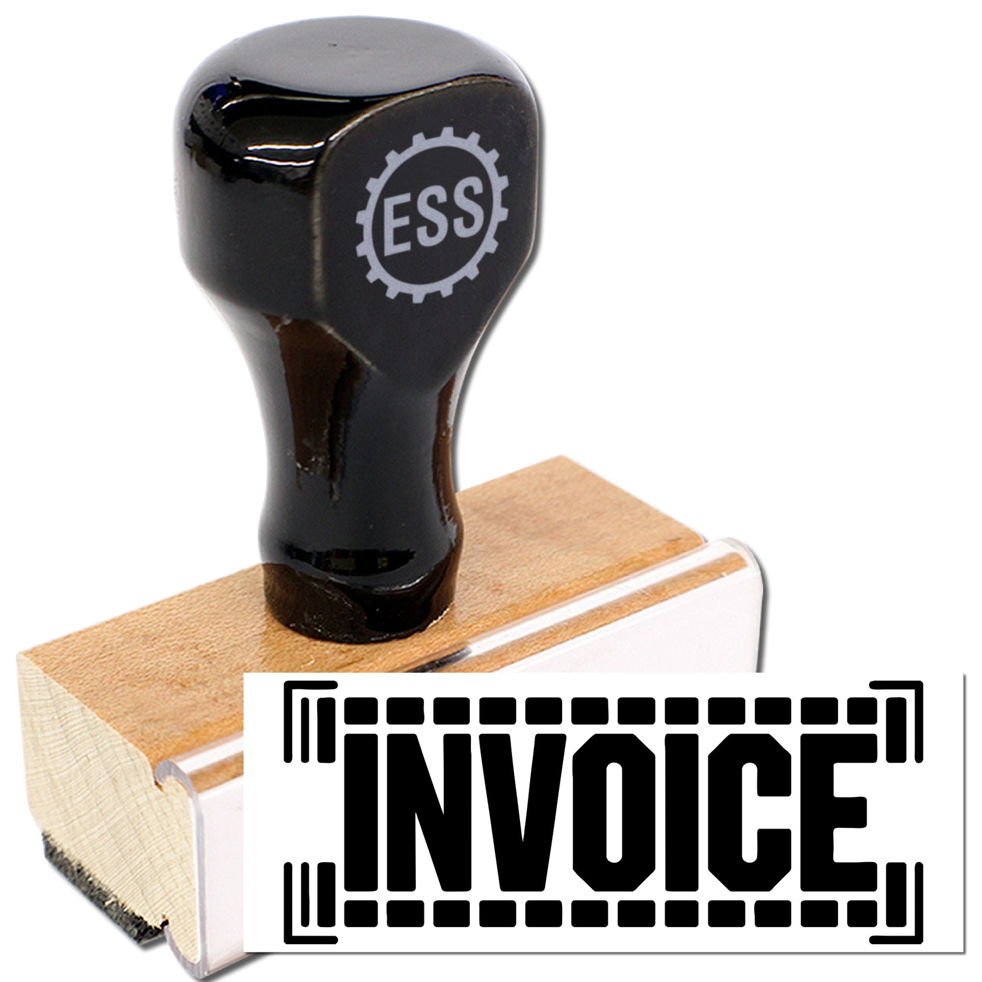 Black ESS rubber stamp with wooden base and bold white INVOICE seal on a white background