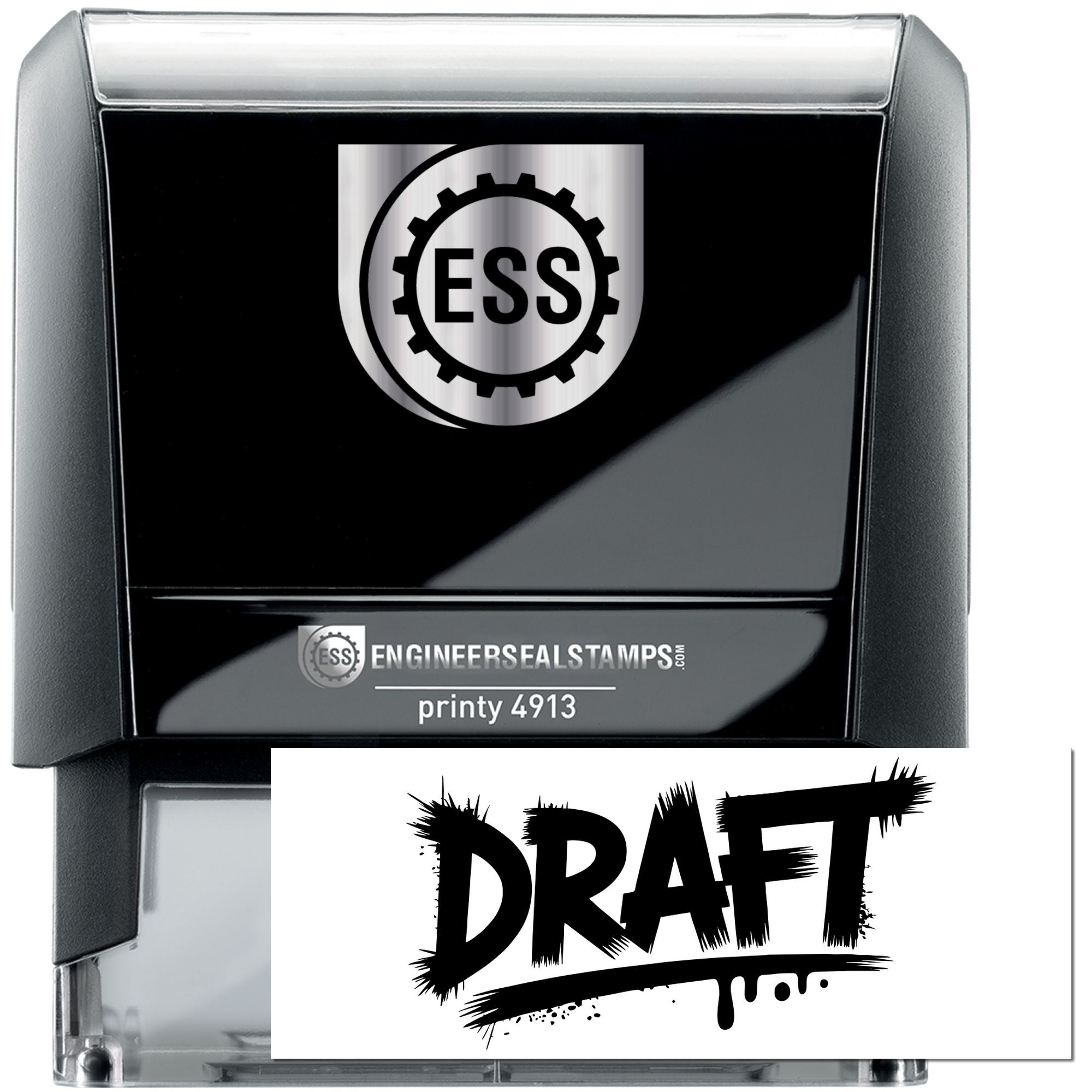 Black self-inking engineer seal stamp with ESS logo and draft text, silver trim, and clear acrylic base.