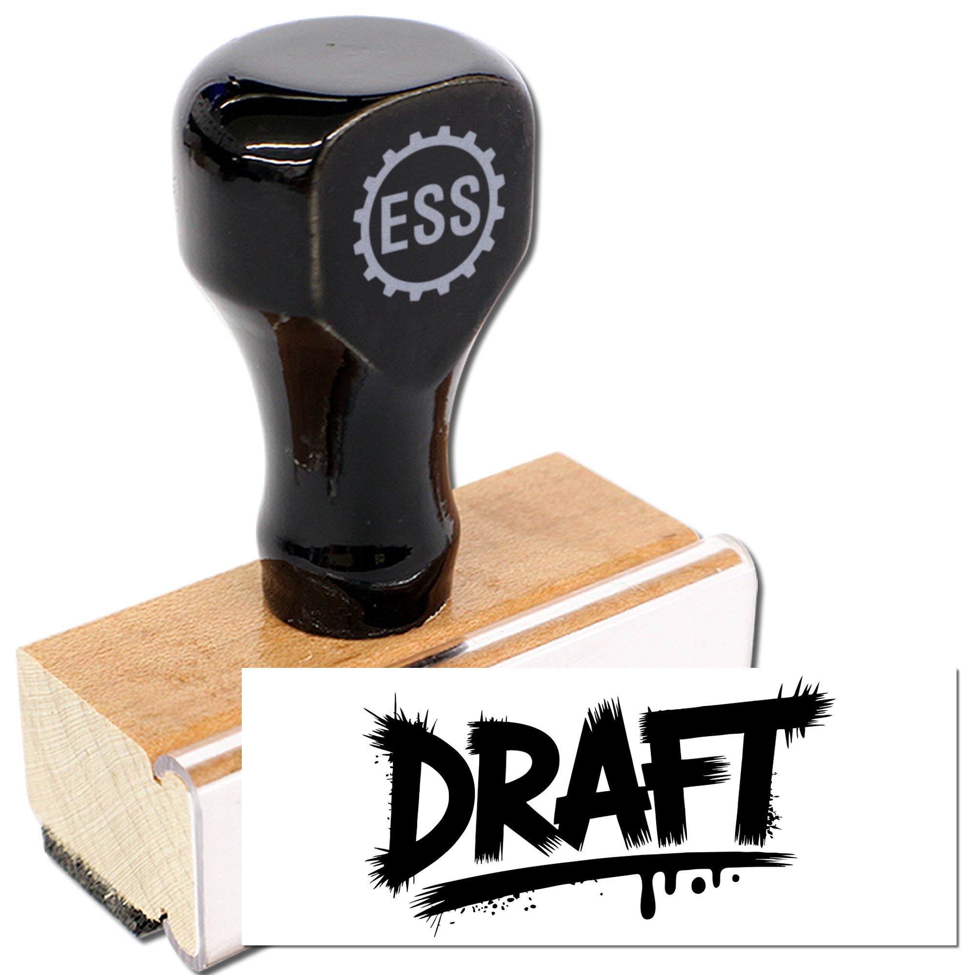 Black stamp and seal on wooden base with white DRAFT imprint and ESS logo.