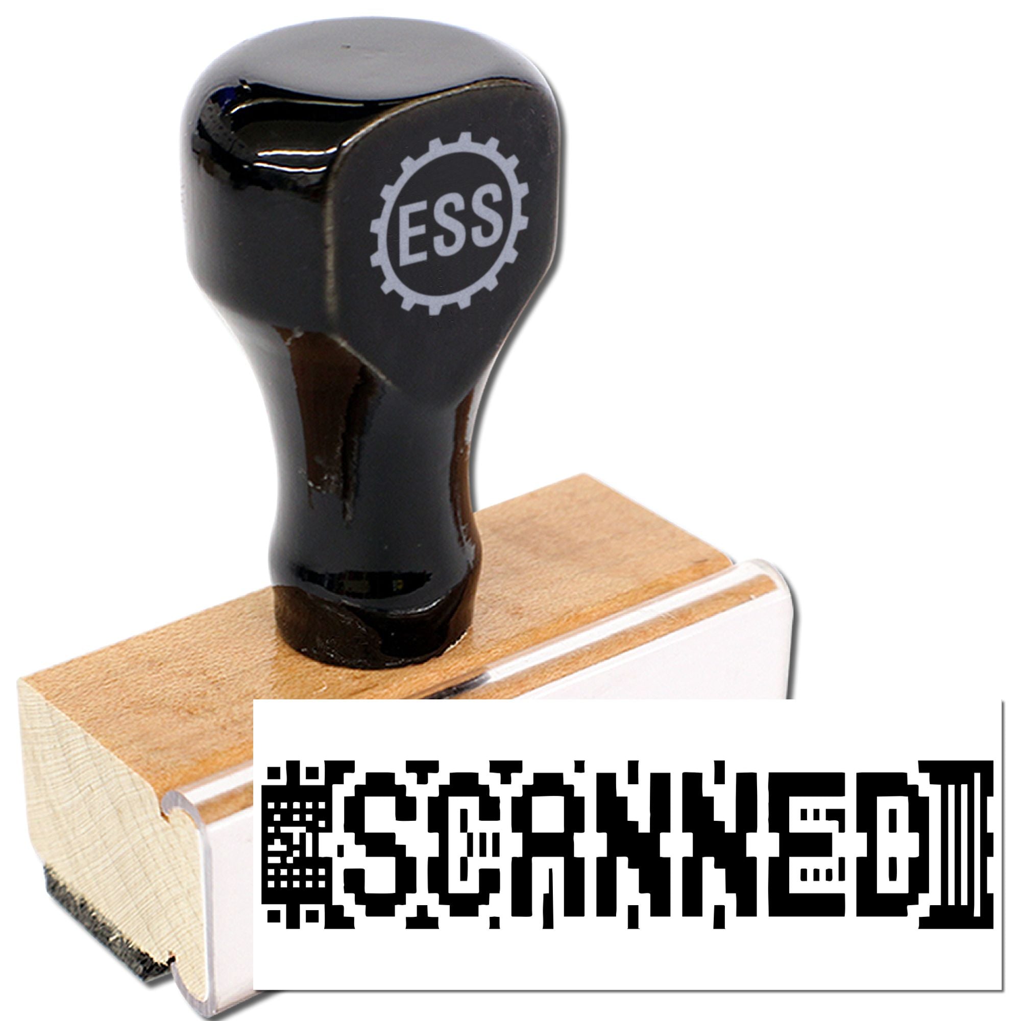 Black ESS rubber stamp on wooden base, shown with a white seal card and bold barcode-style imprint.