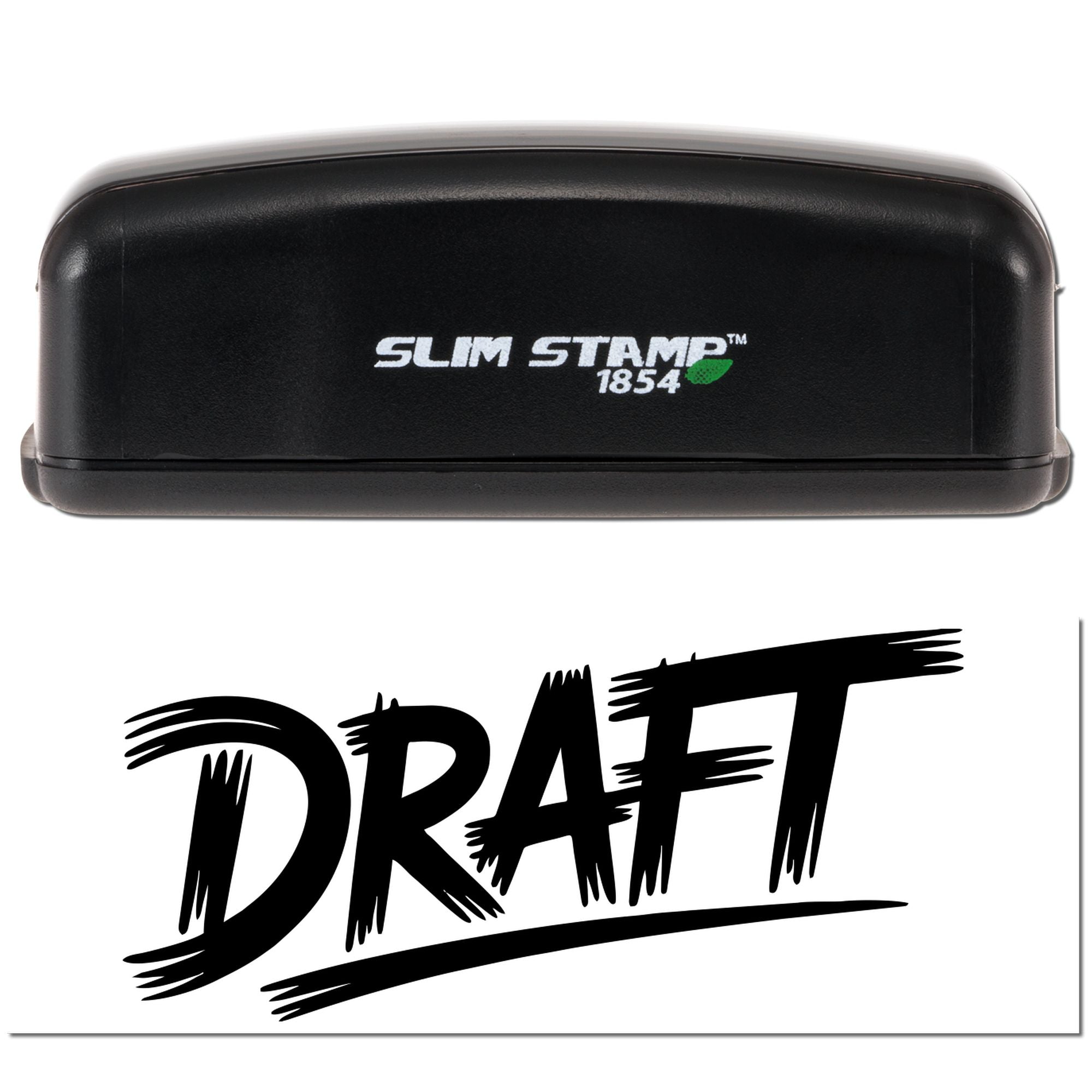 Black Slim Stamp 1854 self-inking stamp and seal with bold Draft seal imprint on white background