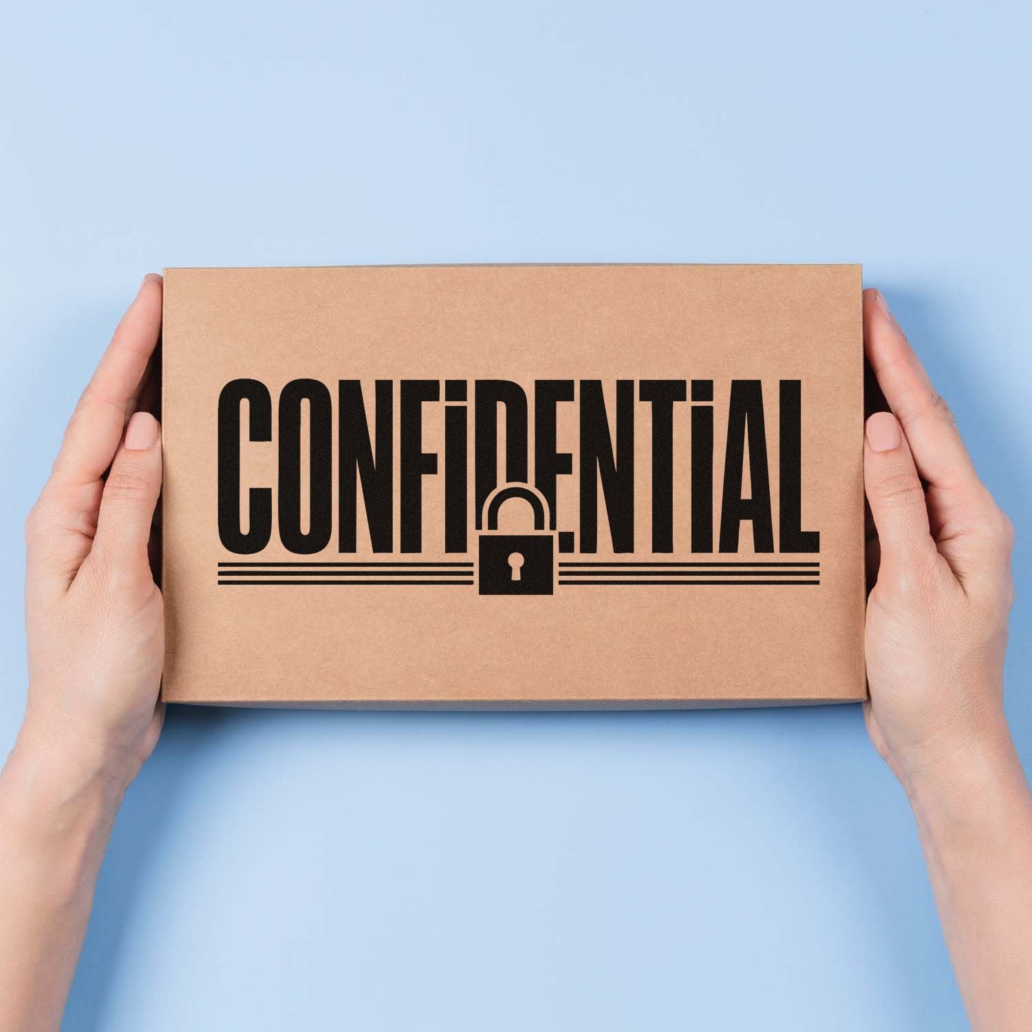 Hands holding a kraft box with a black CONFIDENTIAL stamp seal and padlock on a light blue background.