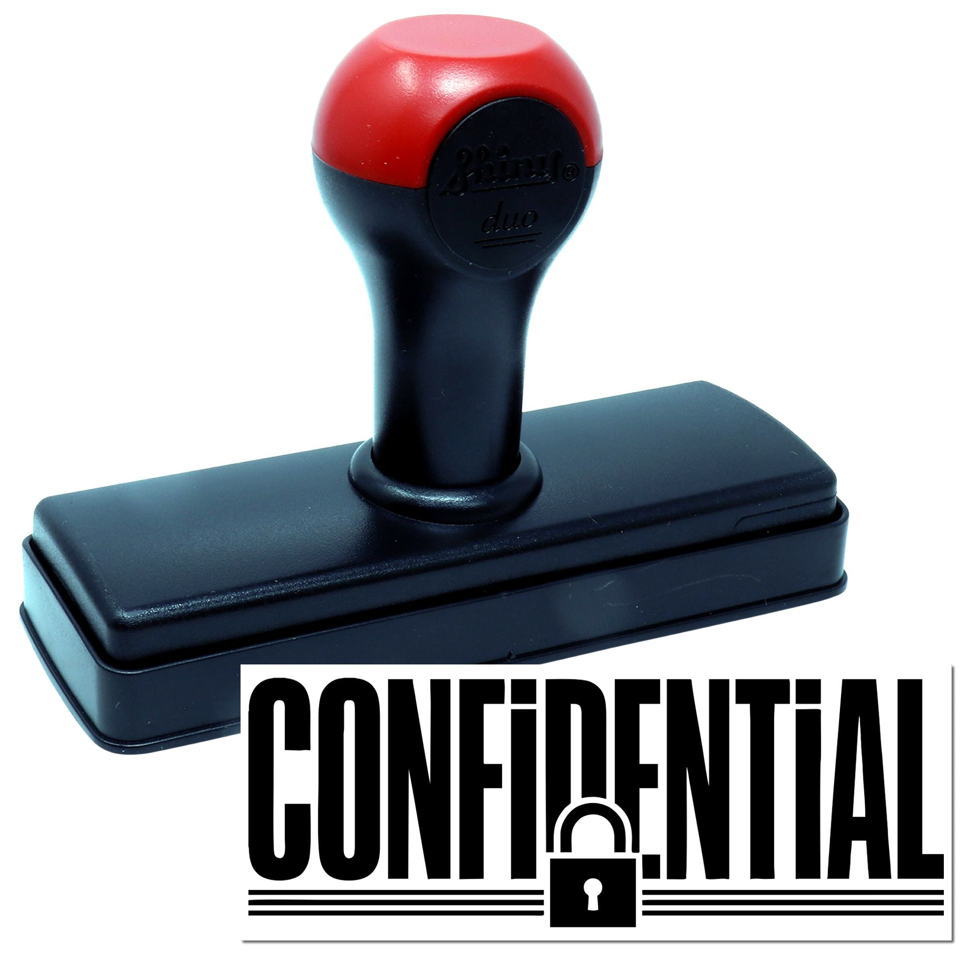 Red and black self-inking confidentiality stamp with lock seal and bold CONFIDENTIAL text