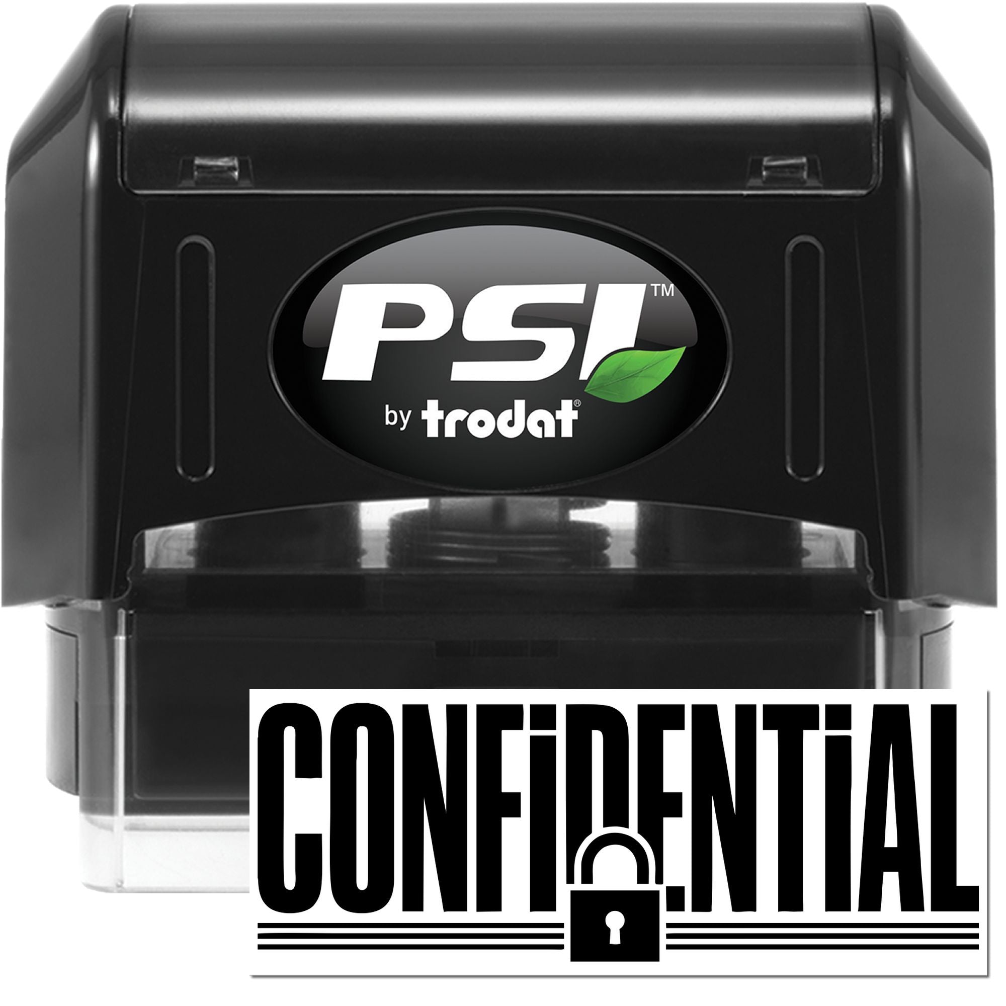 Black PSI by Trodat self-inking stamp and seal dispenser, black with green leaf logo and Confidential security seal label