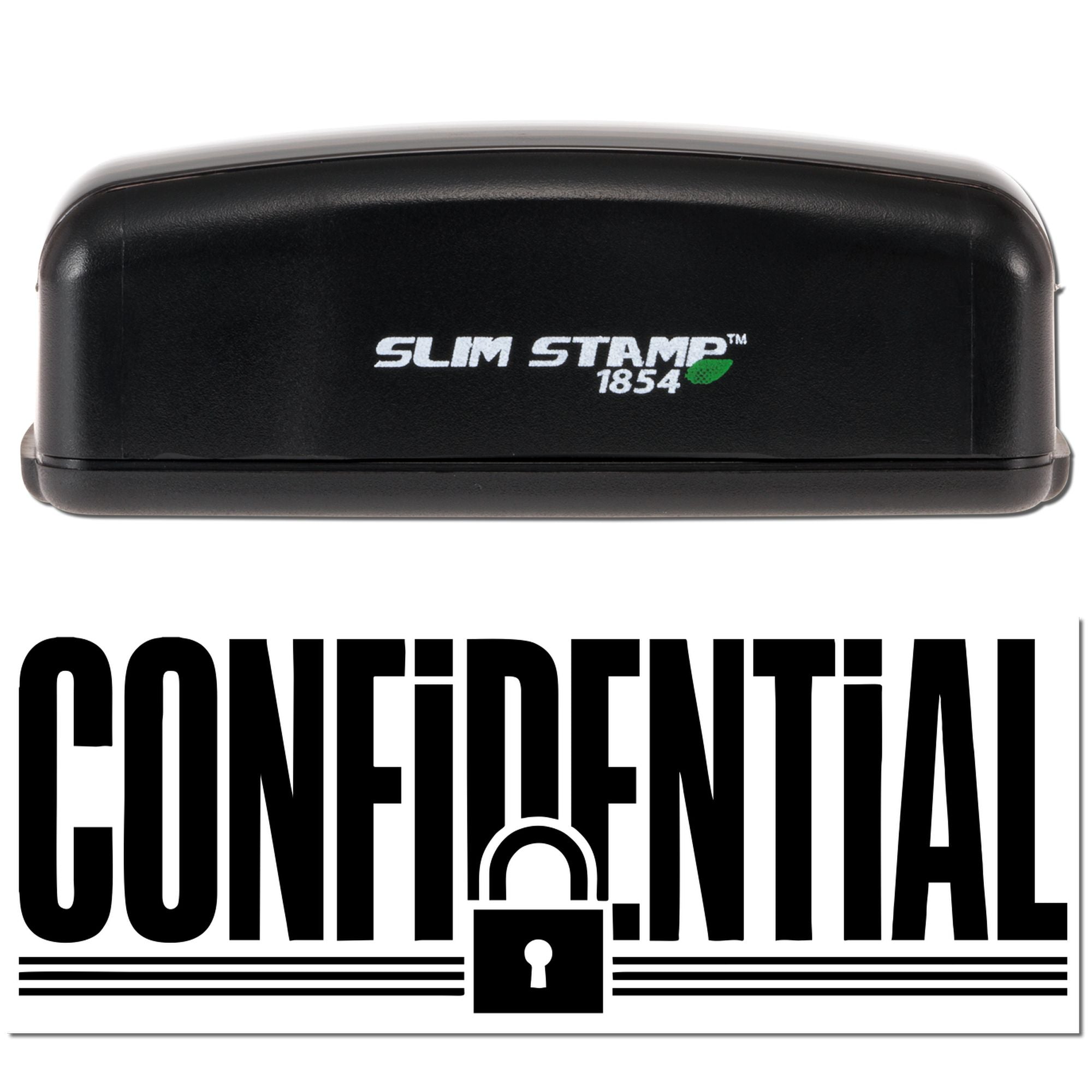 Black Slim Stamp 1854 confidential stamp and seal product with bold padlock logo on a white background.