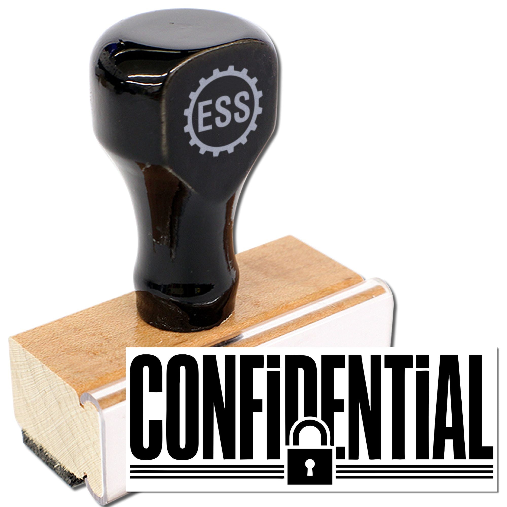 Black confidential stamp seal with padlock icon on a wooden handle.