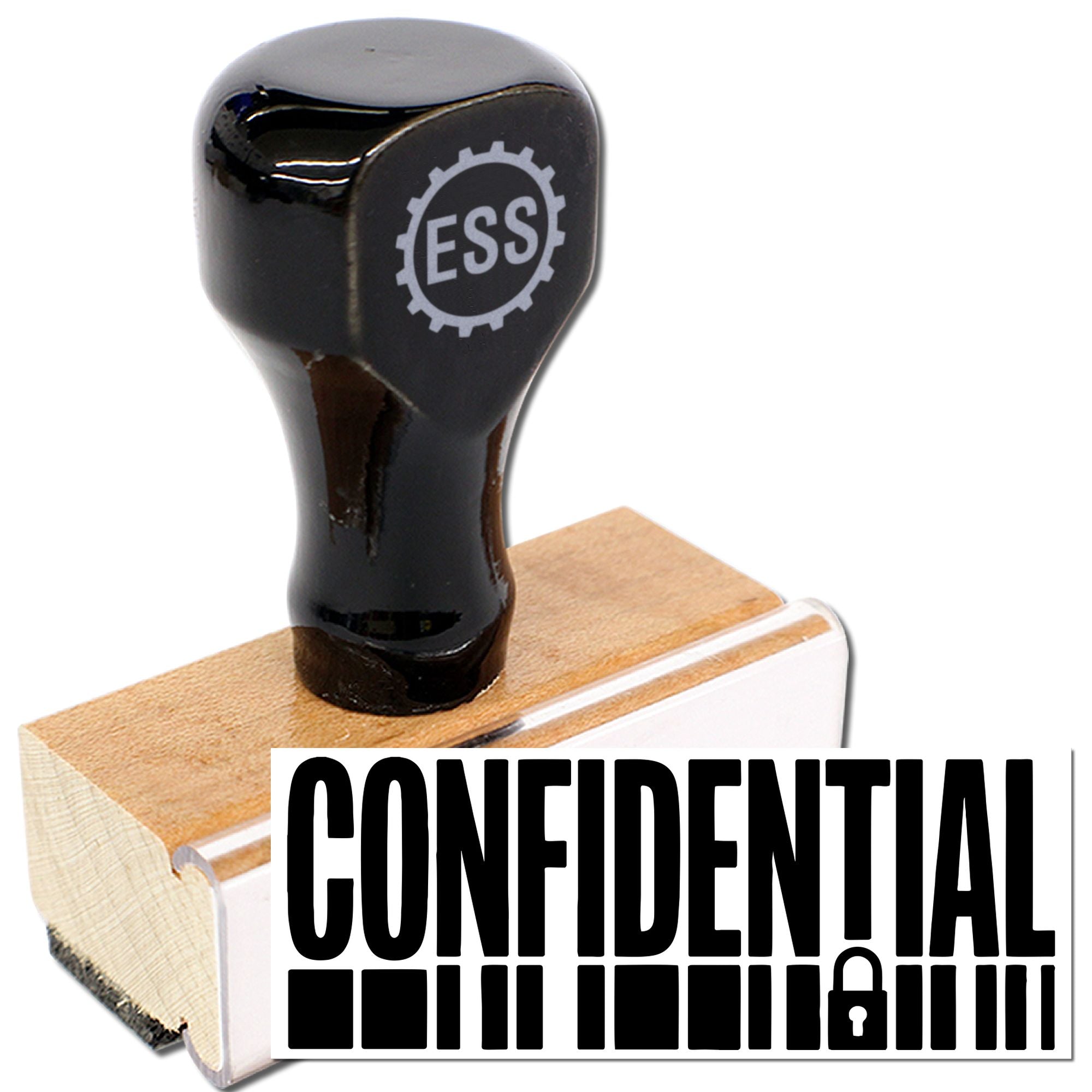 Black ESS rubber stamp on wooden seal block with bold CONFIDENTIAL text and lock icon