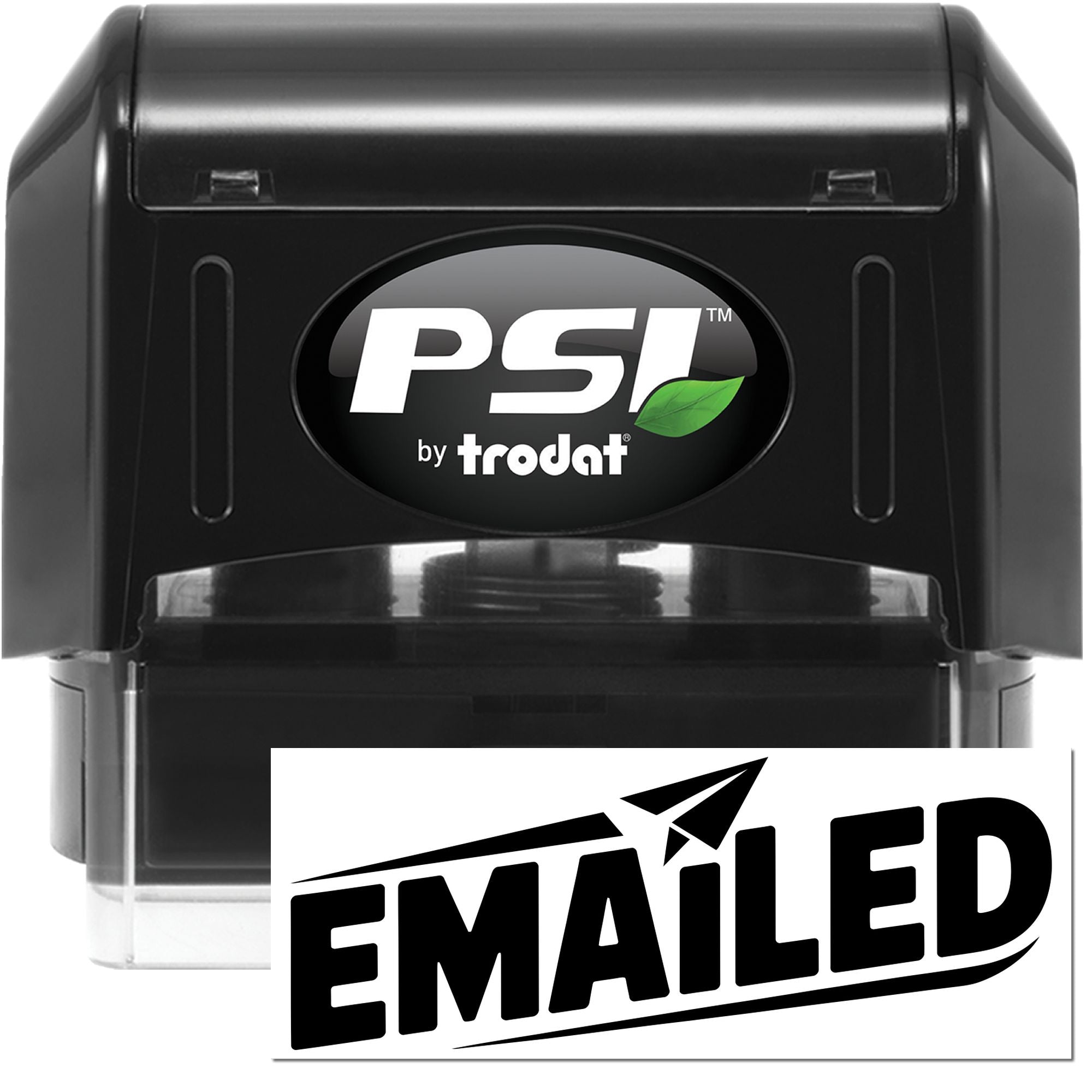 Black PSI by Trodat self-inking stamp with green leaf logo and bold black Emailed seal mark on white background.