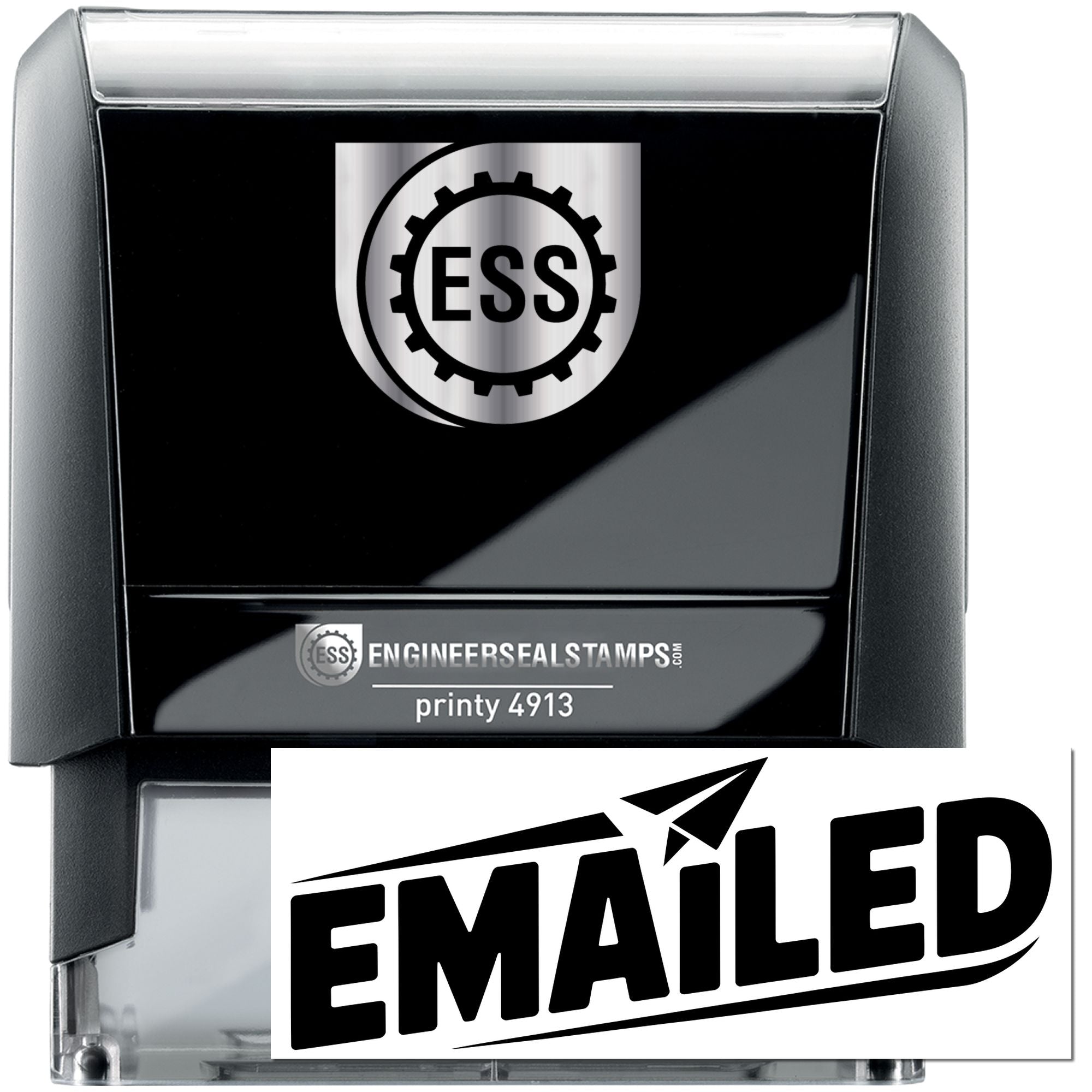 Black self-inking stamp and seal with silver casing, ESS logo, and bold EMAILED imprint.