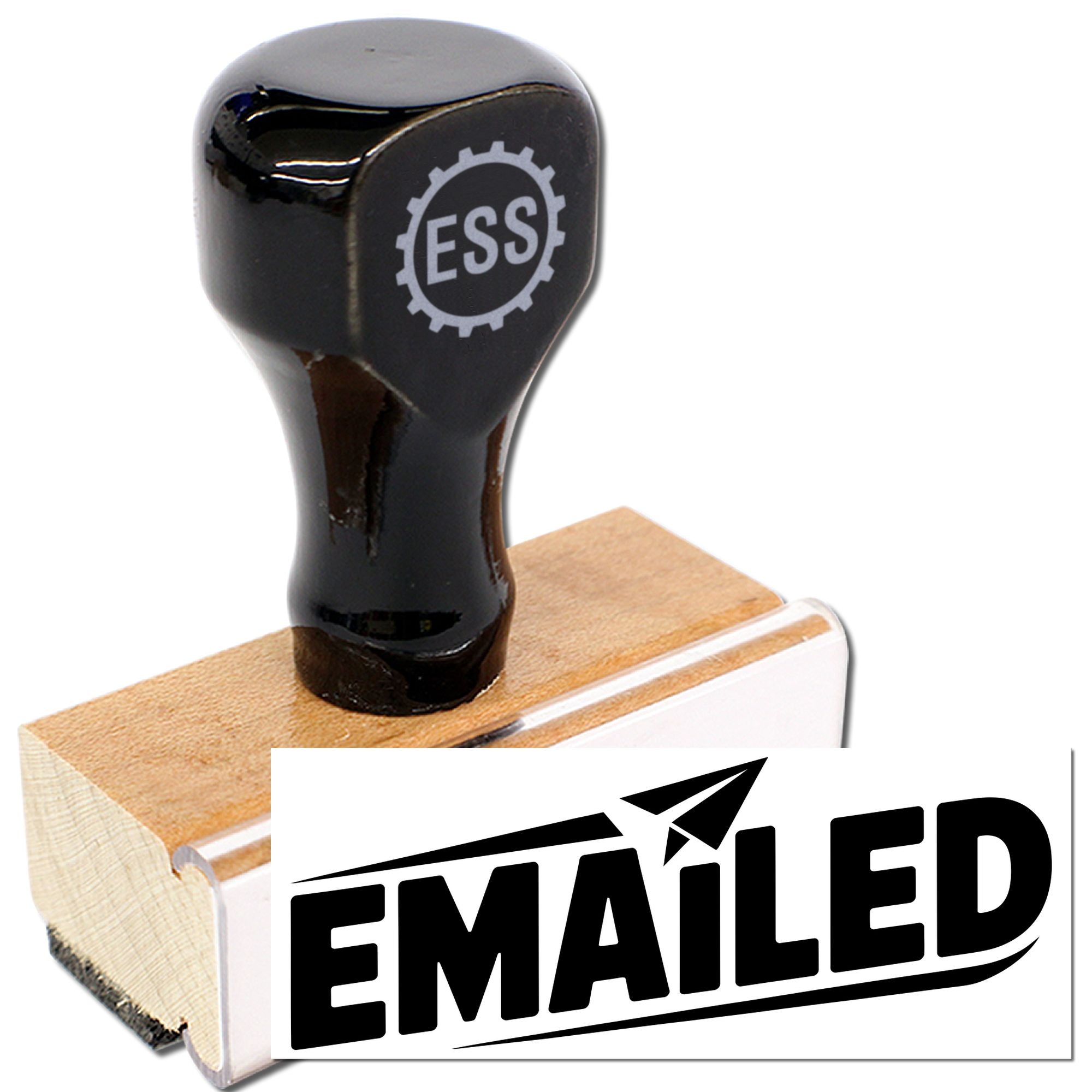 Black self-inking email stamp with wooden base and ESS logo, showing bold EMAILED imprint.