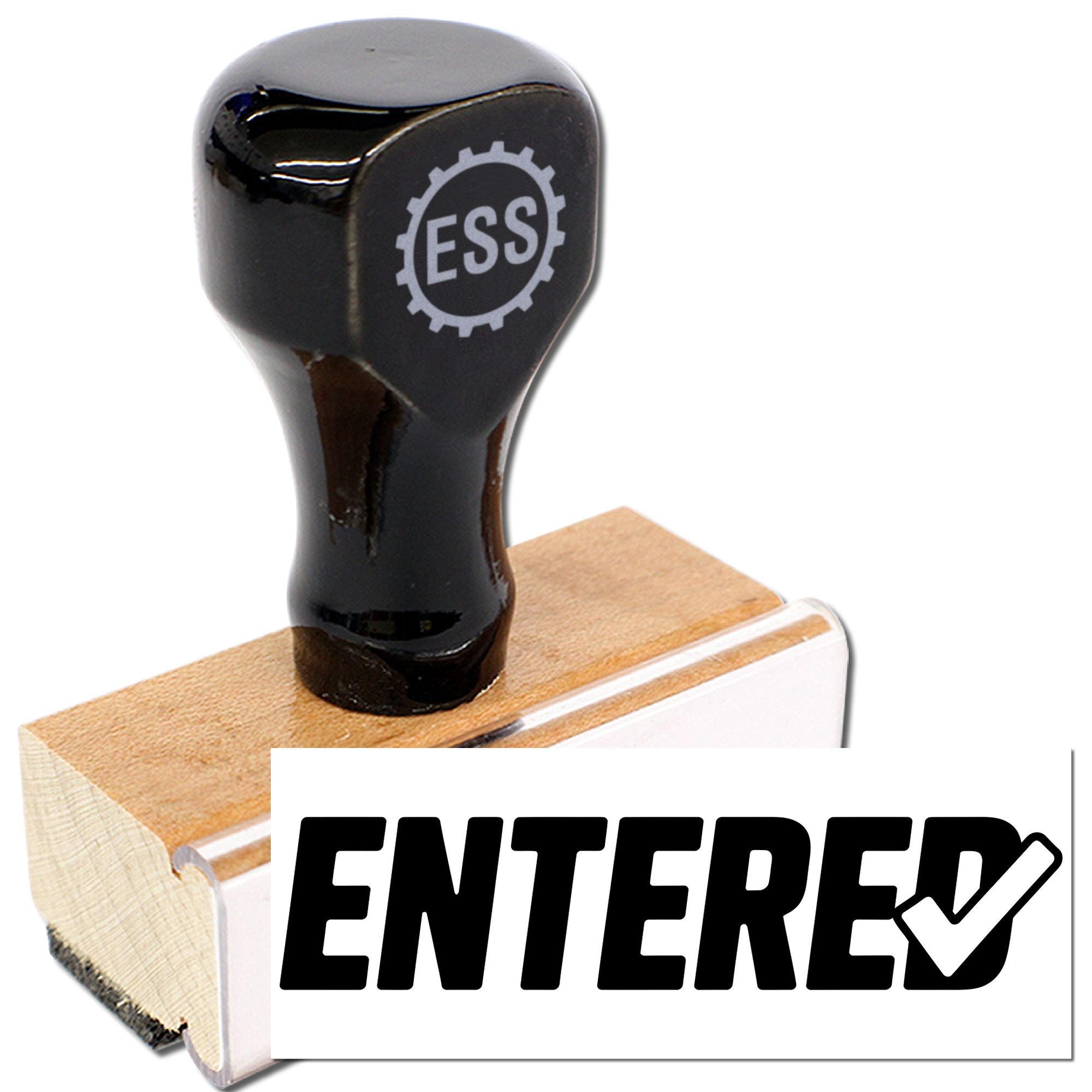 Black rubber stamp and seal on a wooden block, with a gray gear logo and bold ENTERED text.