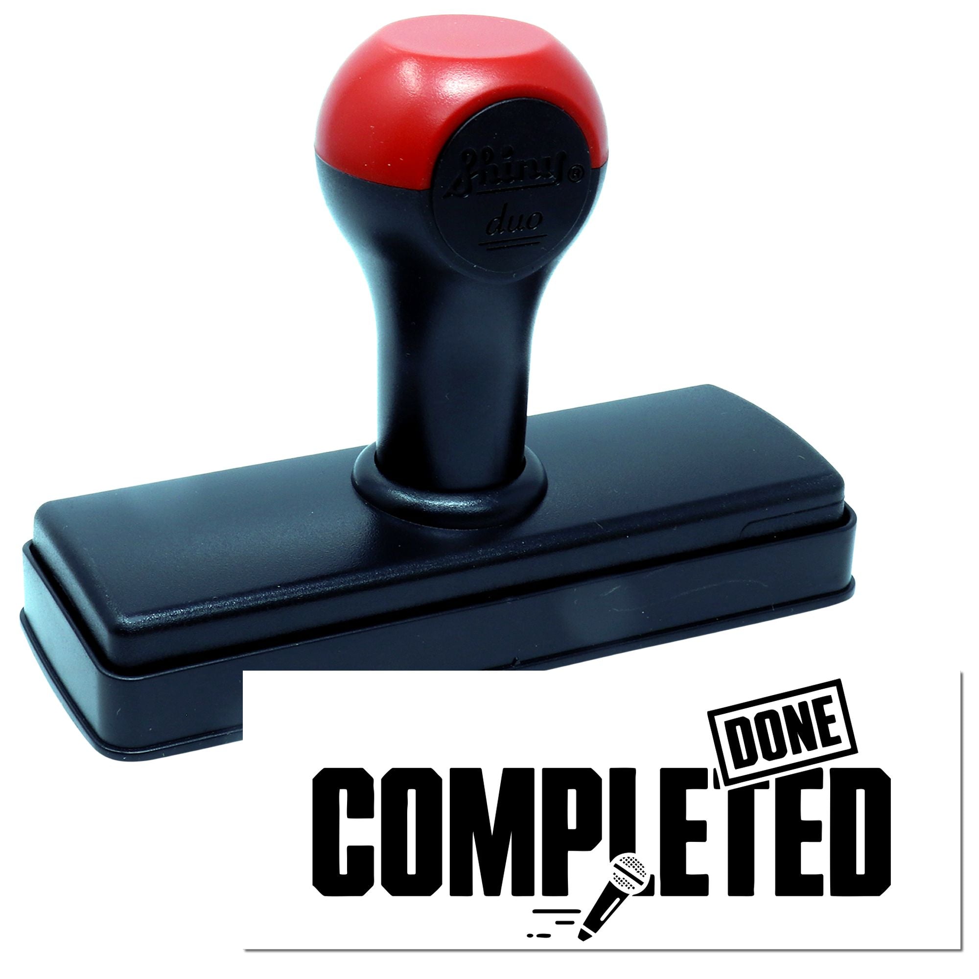 Red and black self-inking stamp and seal with bold COMPLETED imprint