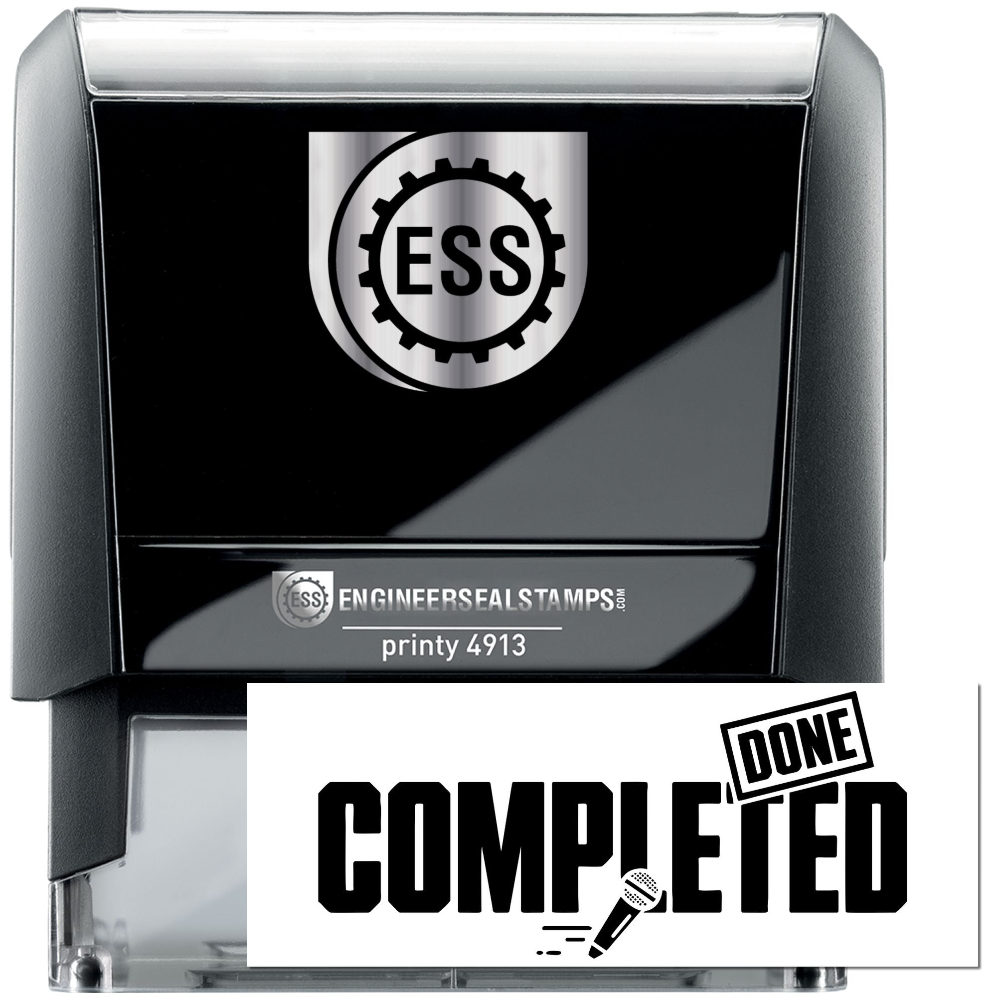 Black and silver self-inking engineer seal stamp with ESS logo and bold DONE COMPLETED imprint