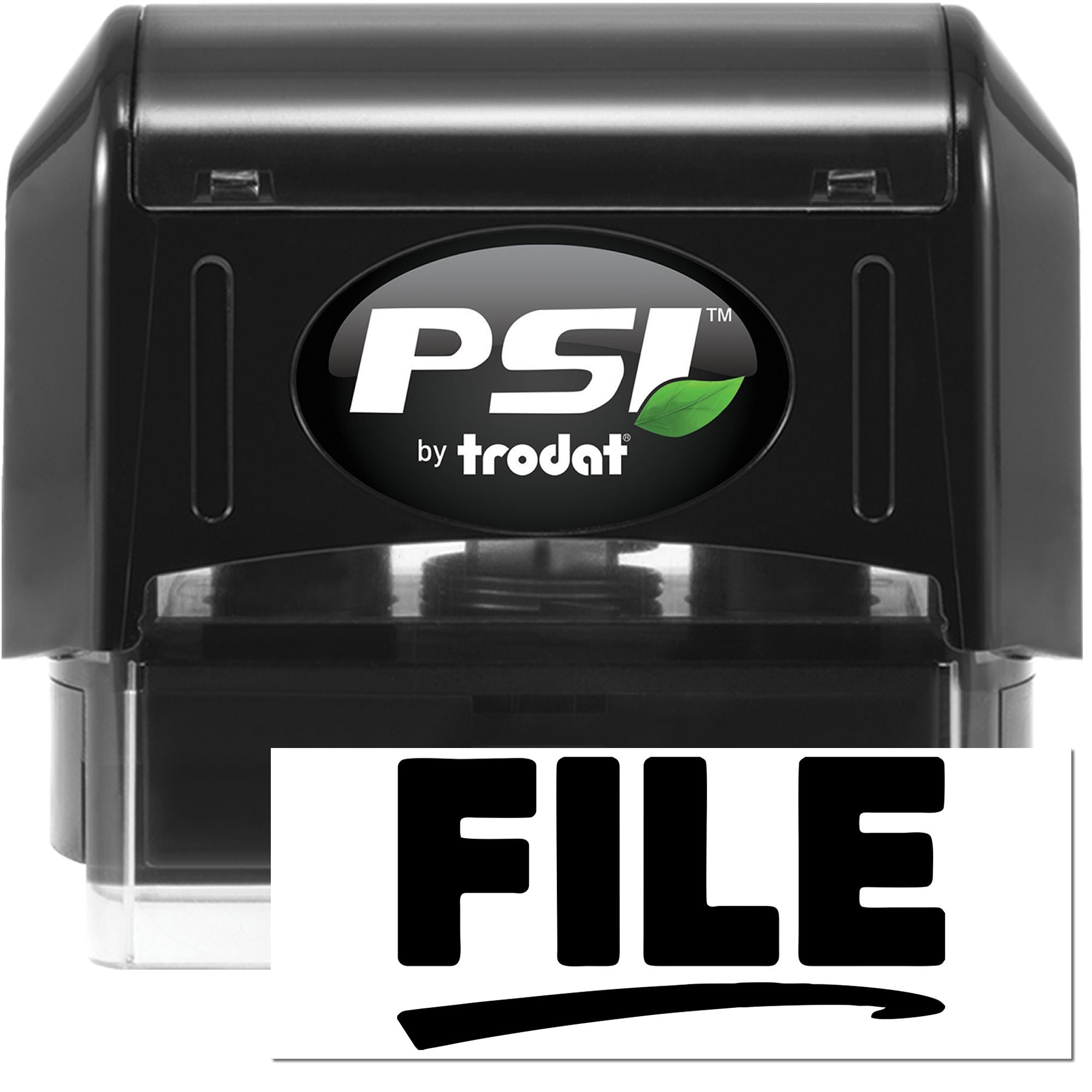 Black PSI by Trodat self-inking file stamp and seal with clear window, white logo, and green leaf detail.